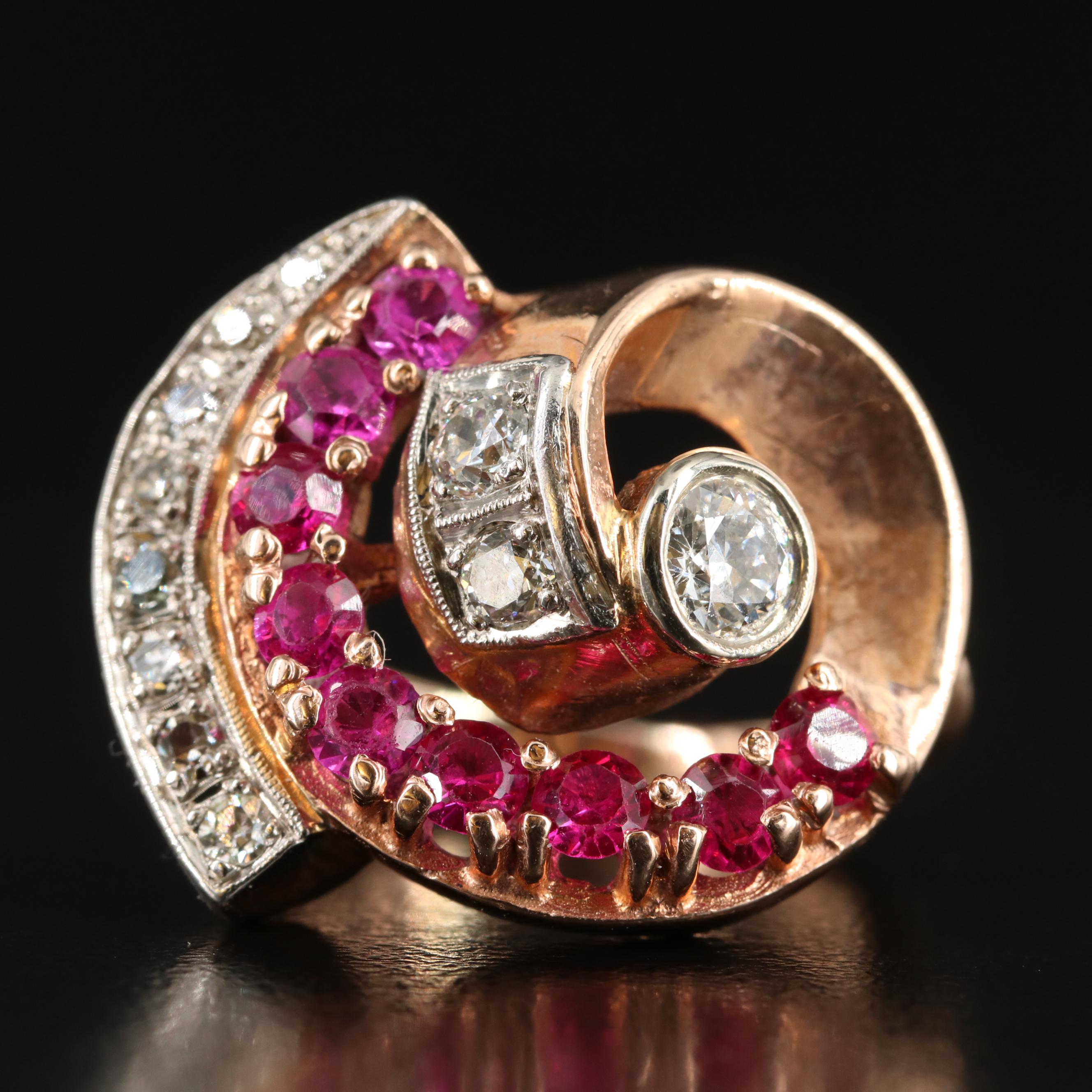 Retro 14K Rose Gold Diamond and Ruby Ring with Palladium Accent