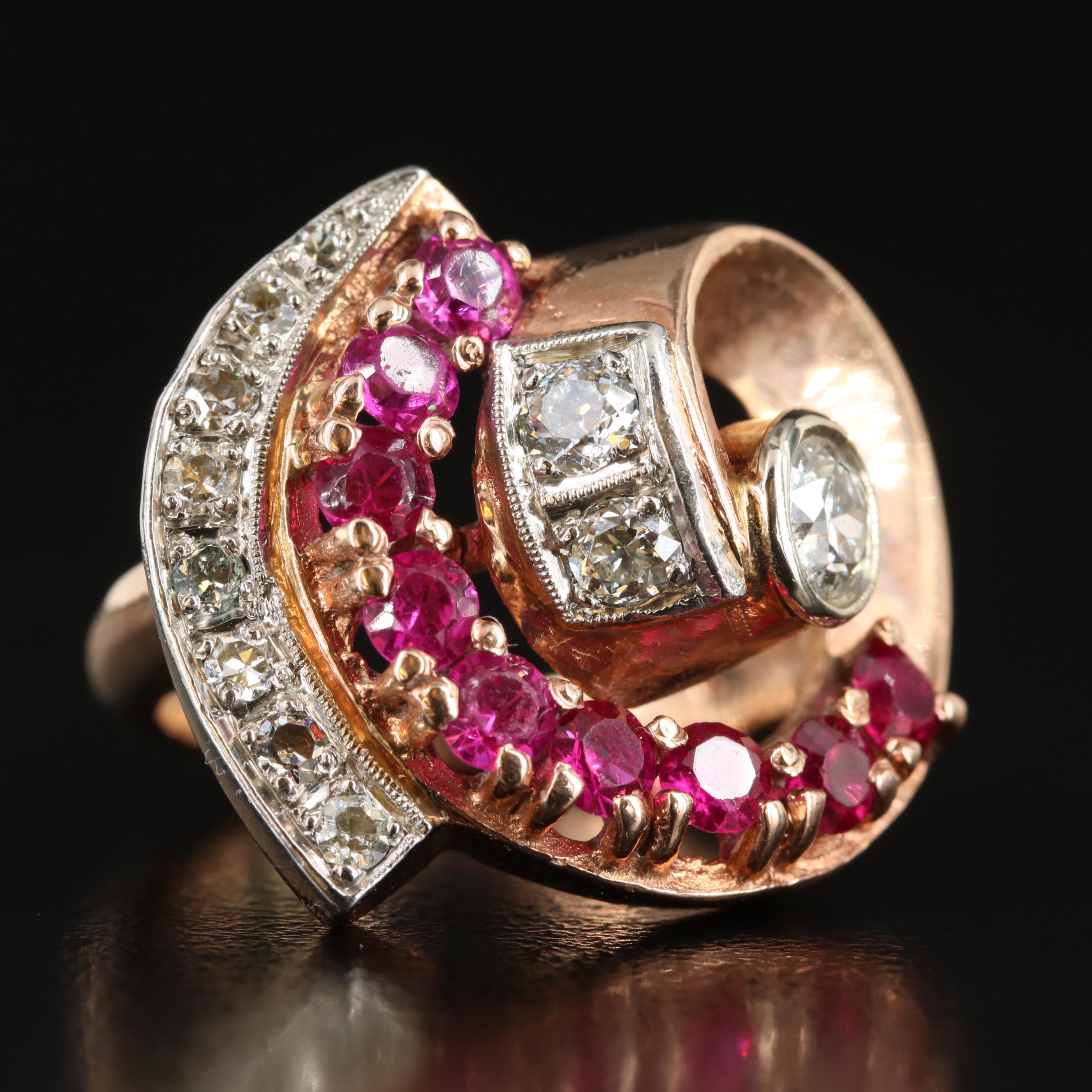 Retro 14K Rose Gold Diamond and Ruby Ring with Palladium Accent
