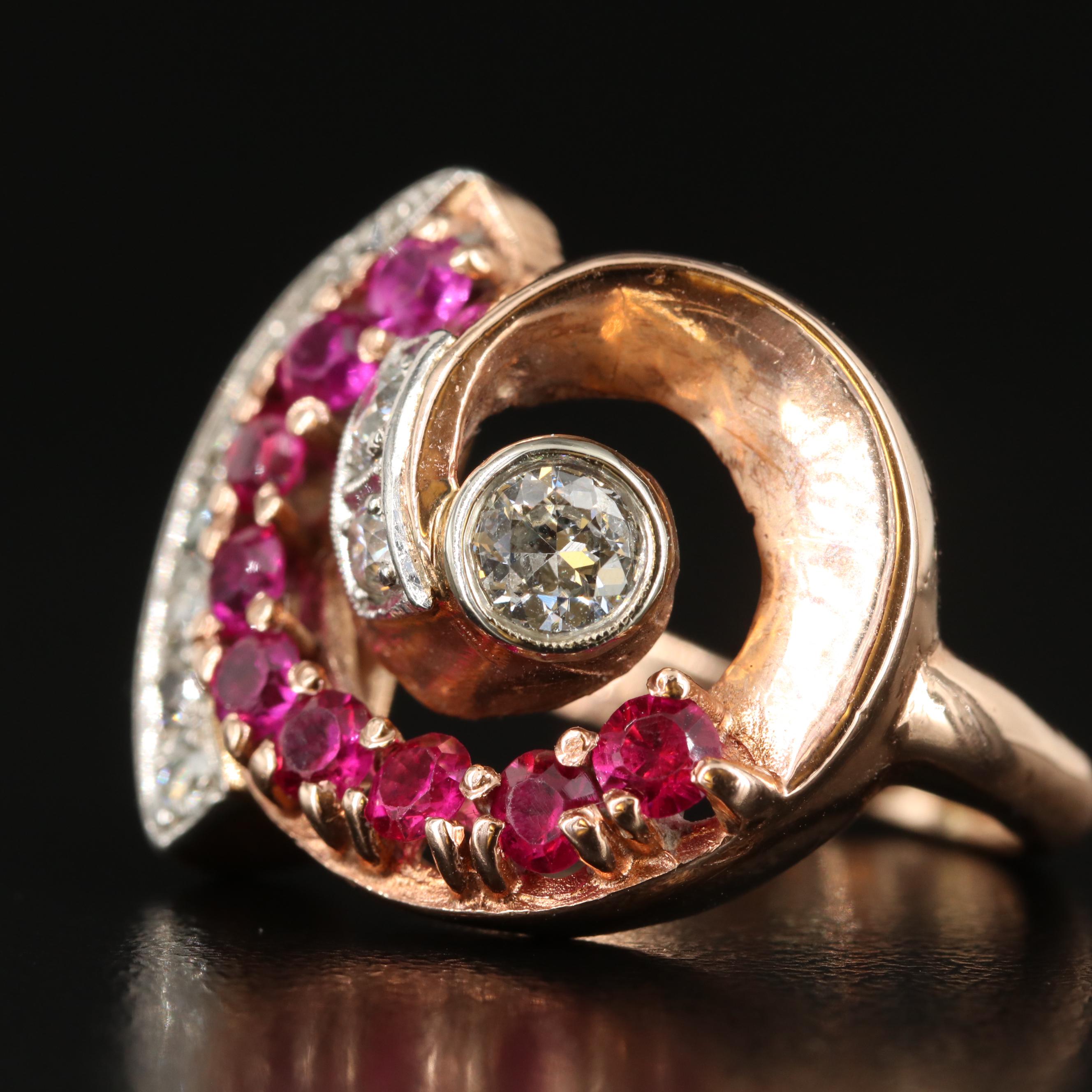 Retro 14K Rose Gold Diamond and Ruby Ring with Palladium Accent