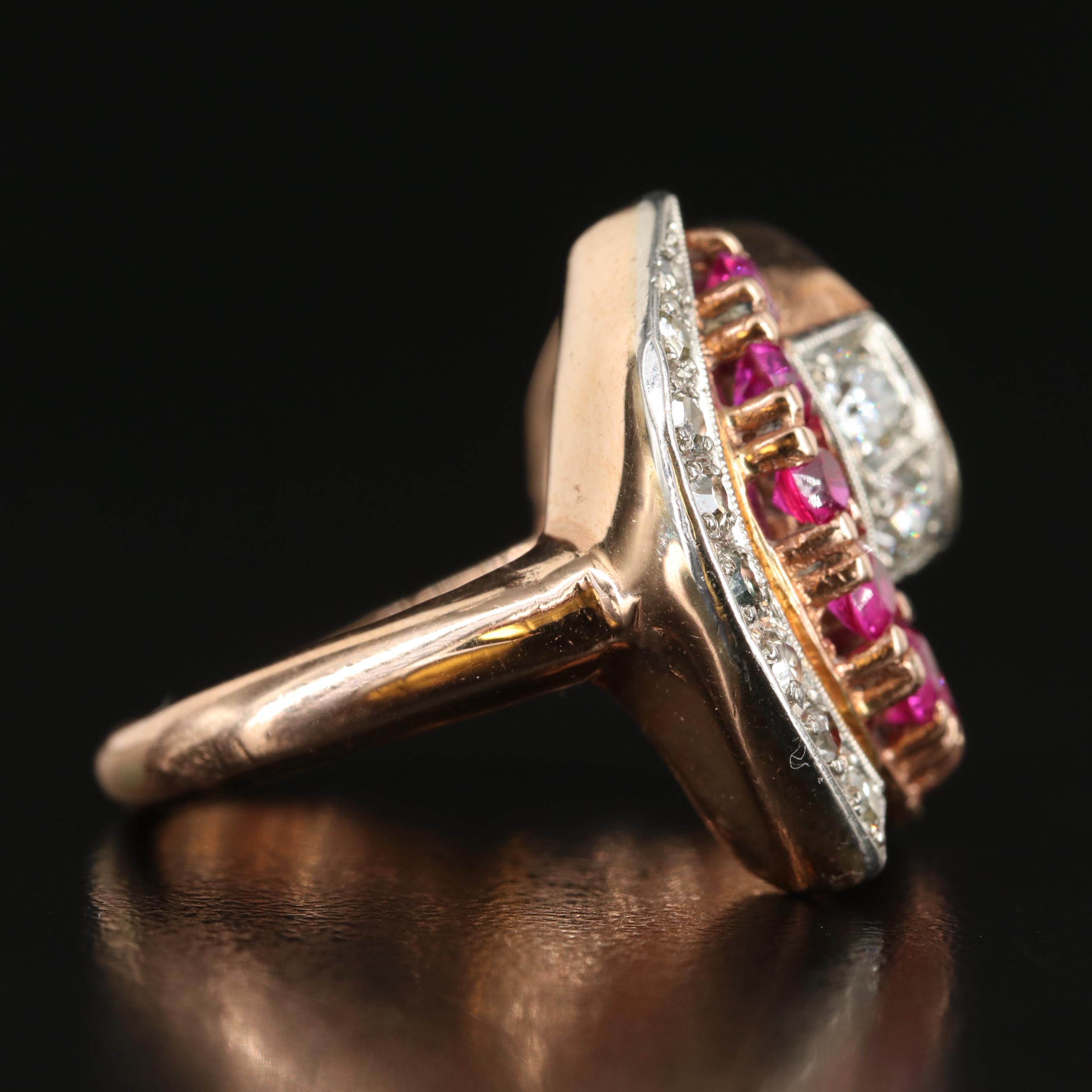 Retro 14K Rose Gold Diamond and Ruby Ring with Palladium Accent