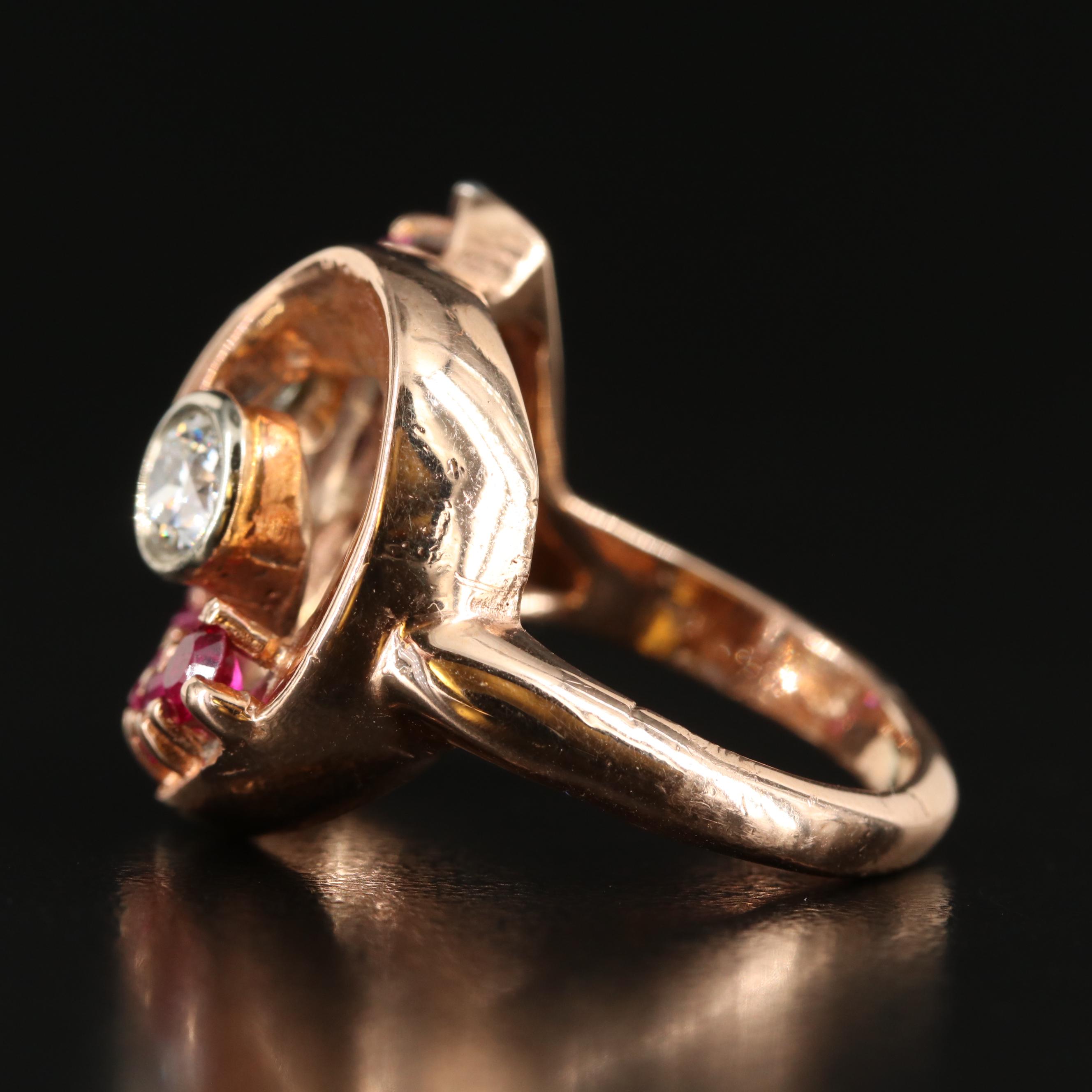Retro 14K Rose Gold Diamond and Ruby Ring with Palladium Accent
