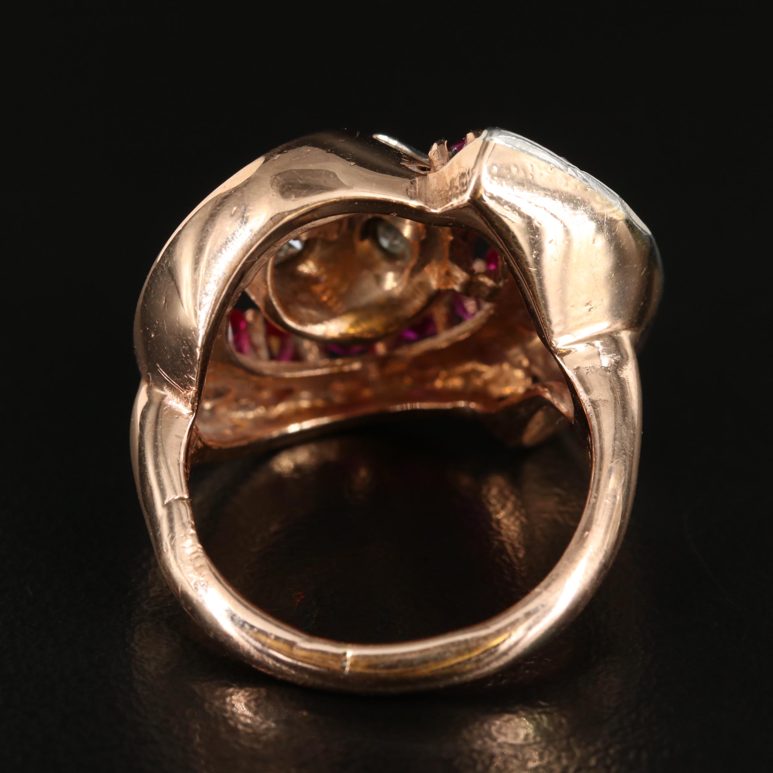 Retro 14K Rose Gold Diamond and Ruby Ring with Palladium Accent