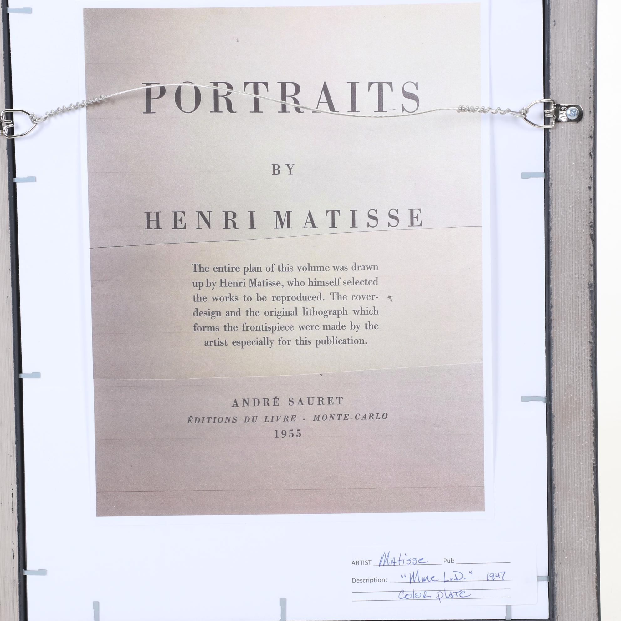 Henri Matisse Color Lithograph "Portrait Of Lydia Delectorskaya," 1955