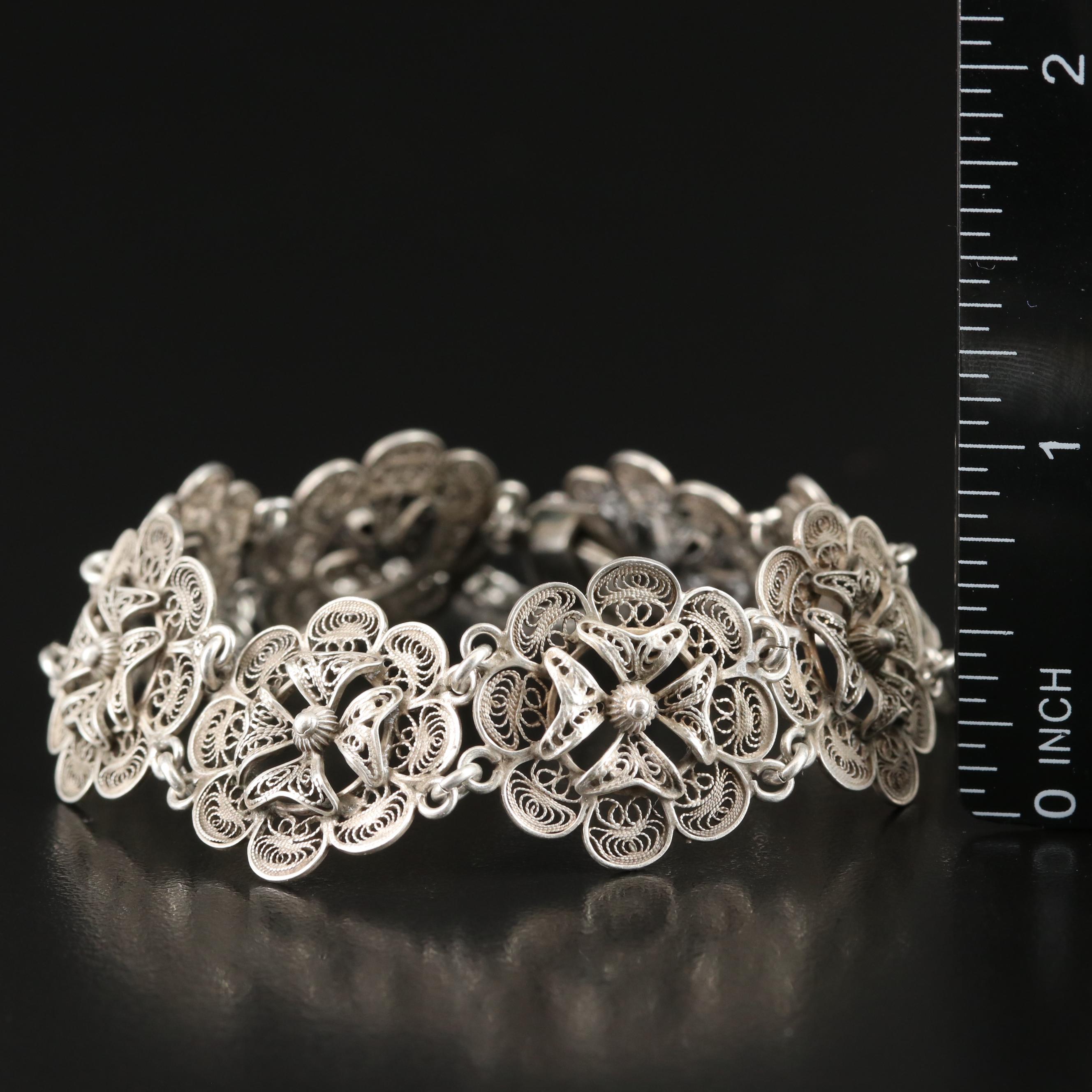 Italian 800 Silver Filigree Flower Panel Bracelet