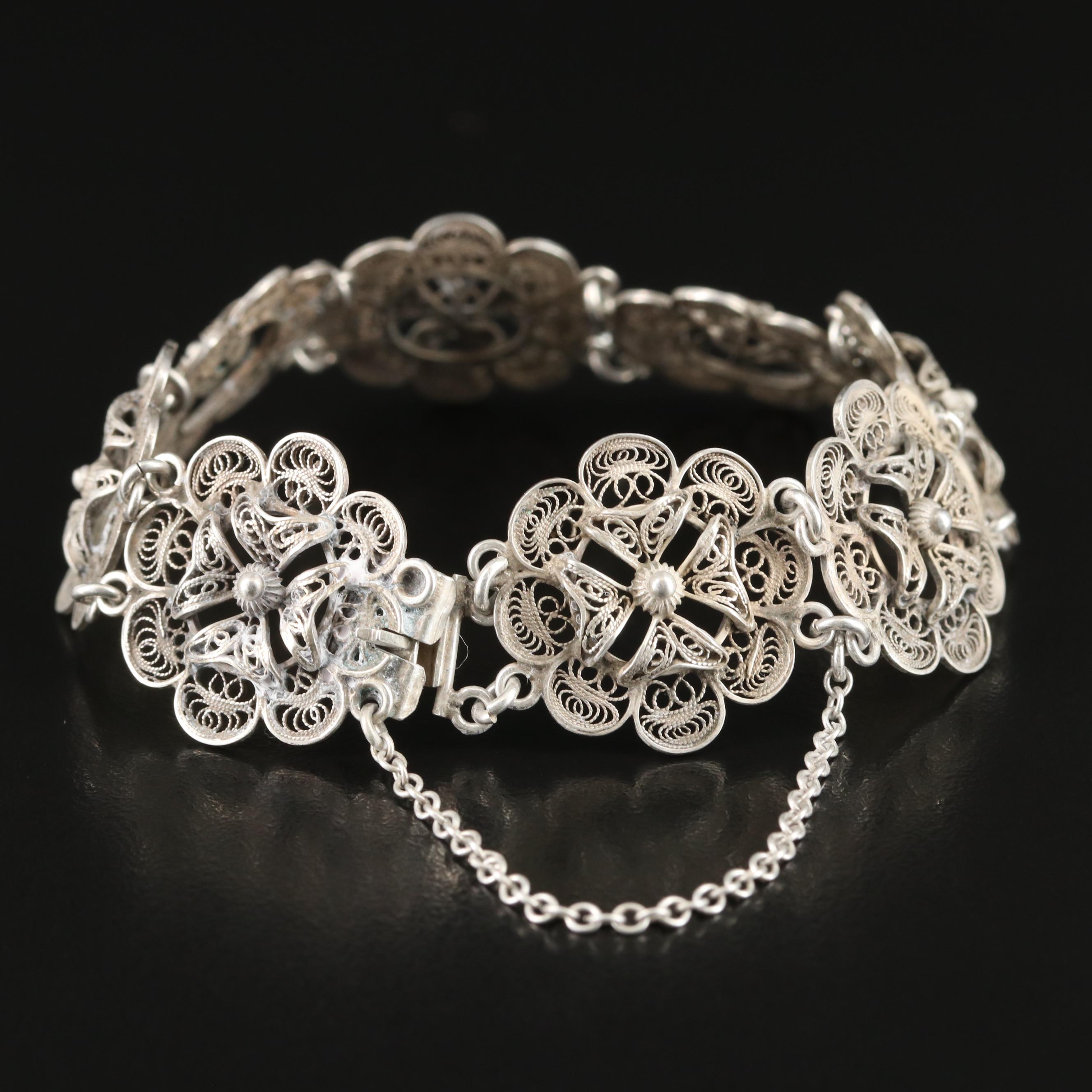 Italian 800 Silver Filigree Flower Panel Bracelet