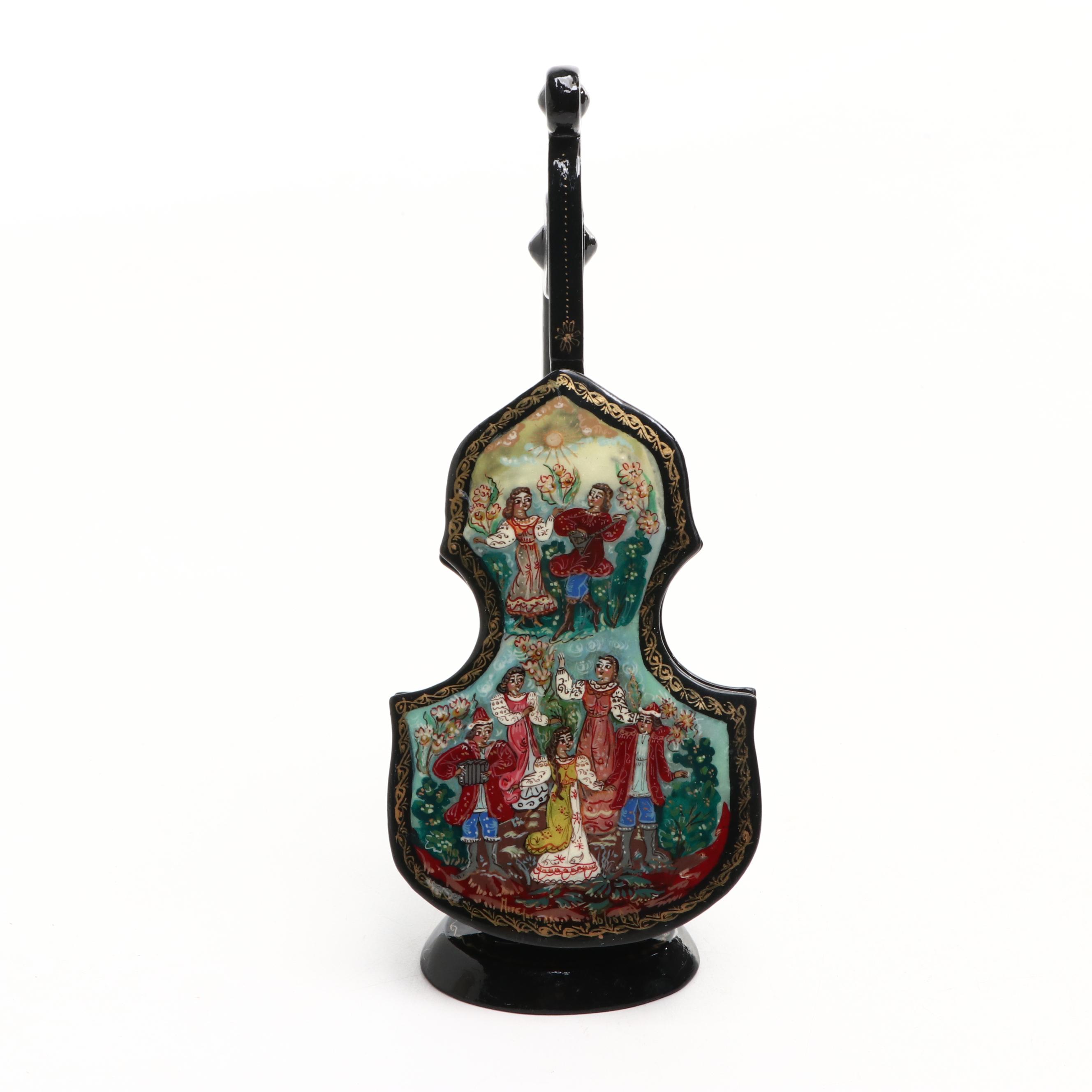Russian Lacquered Egg Featuring Saint Petersburg and String Instrument Form Box