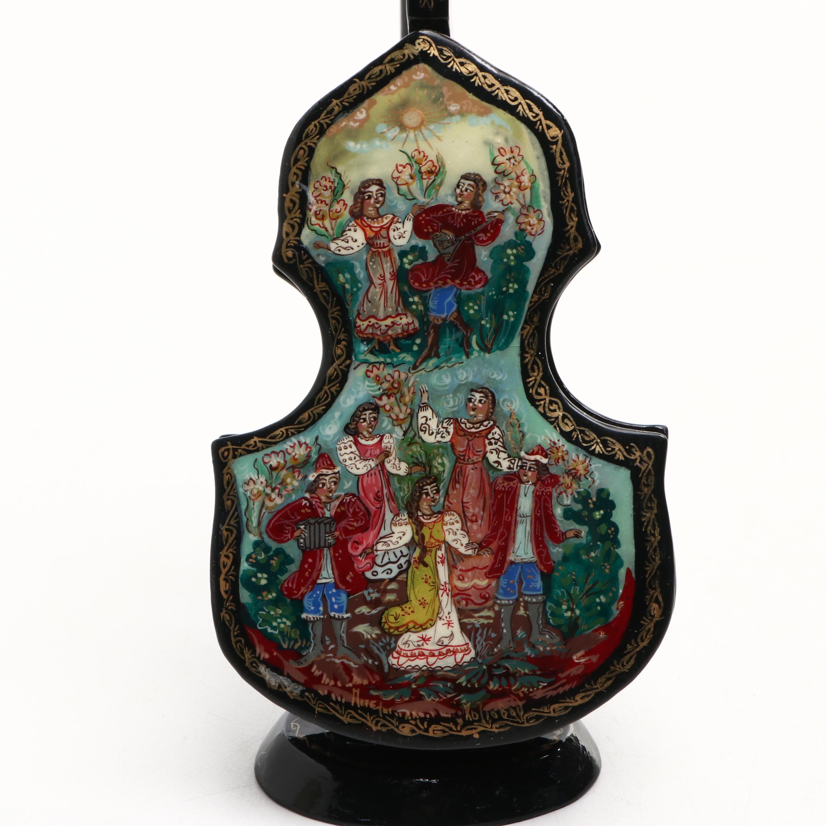 Russian Lacquered Egg Featuring Saint Petersburg and String Instrument Form Box