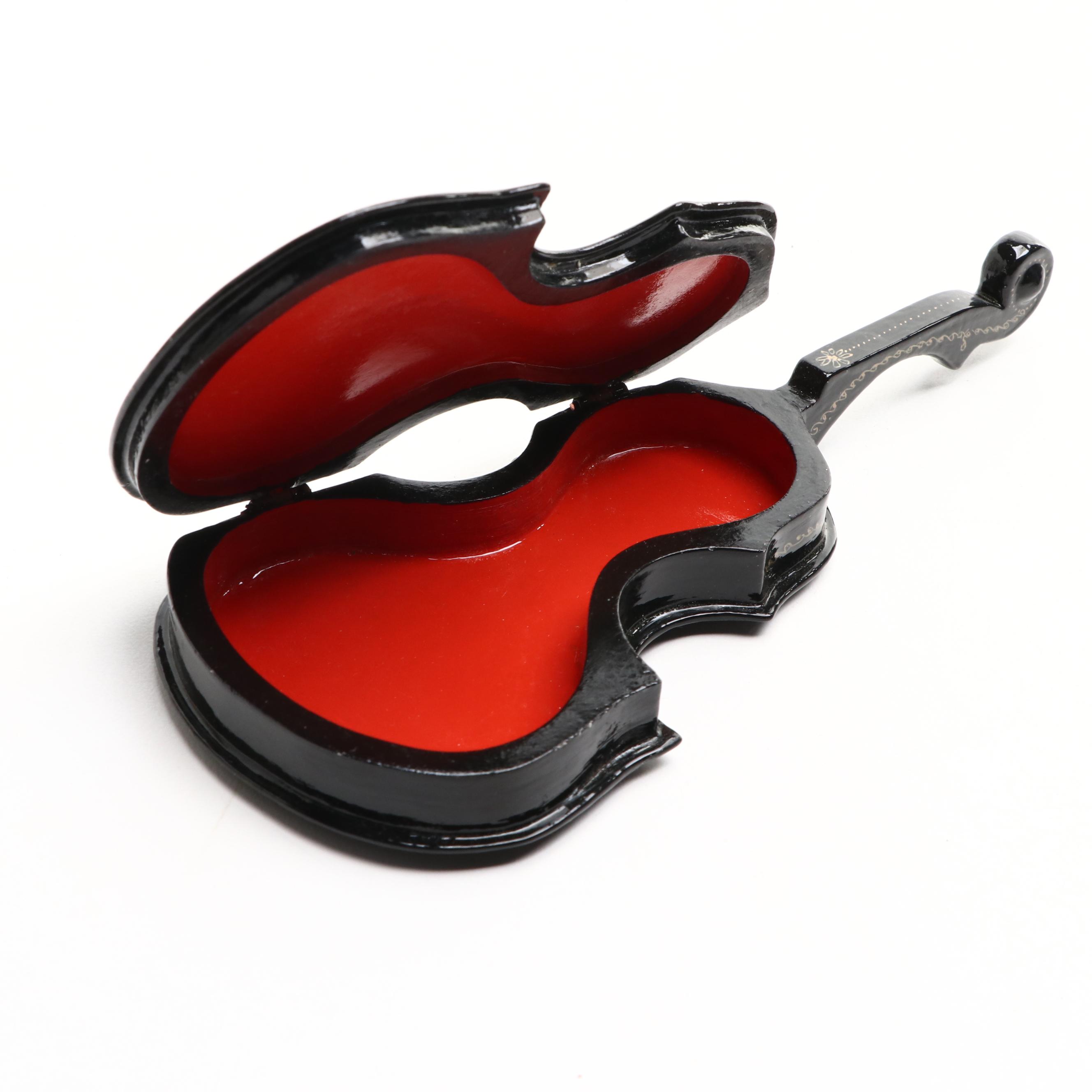 Russian Lacquered Egg Featuring Saint Petersburg and String Instrument Form Box