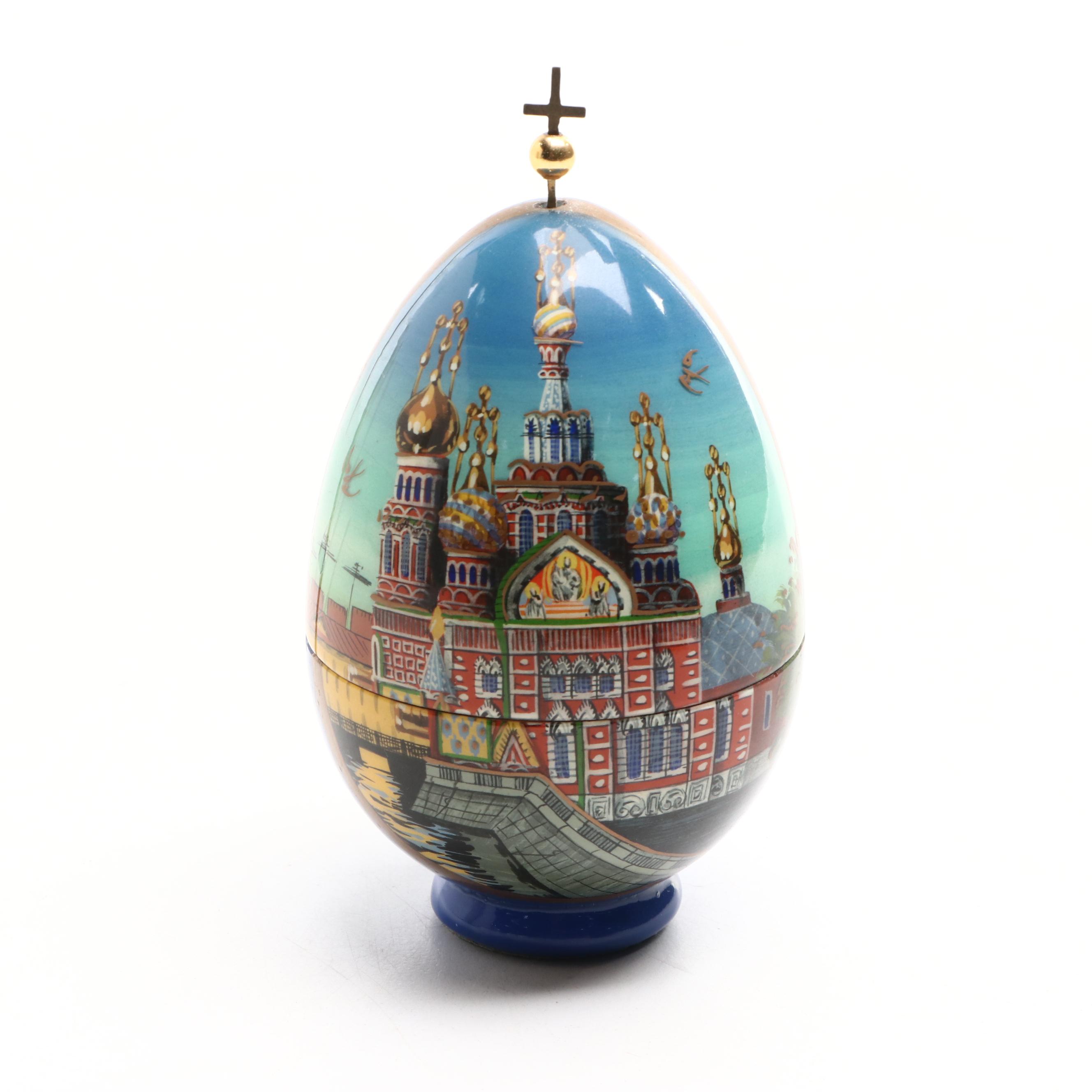 Russian Lacquered Egg Featuring Saint Petersburg and String Instrument Form Box