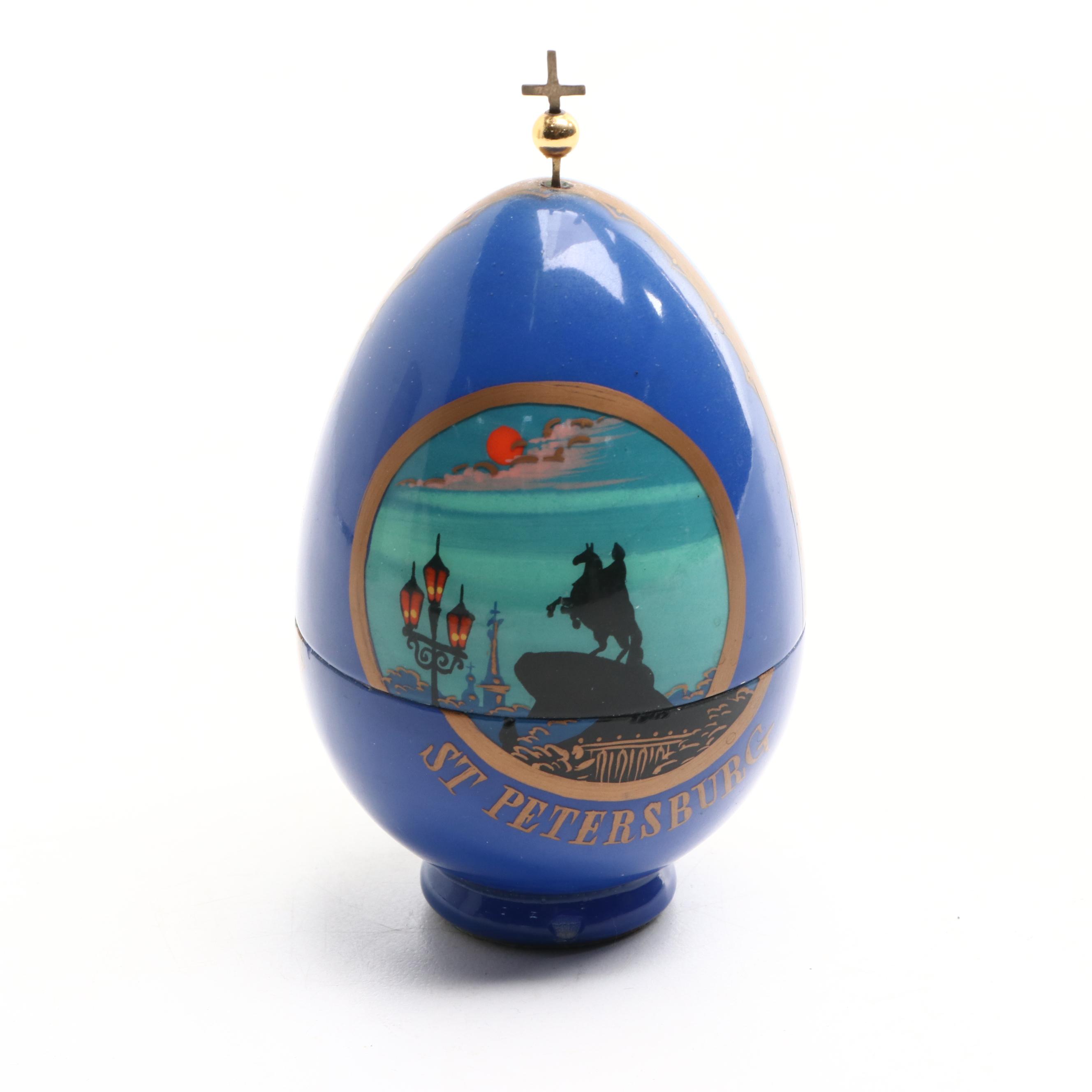 Russian Lacquered Egg Featuring Saint Petersburg and String Instrument Form Box
