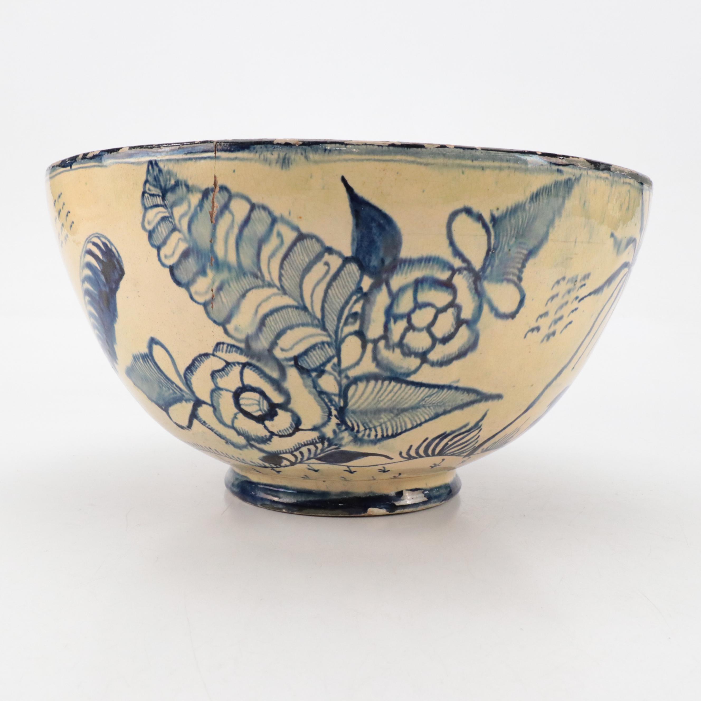 Persian Earthenware Yellow Ground and Blue Glazed Bowl