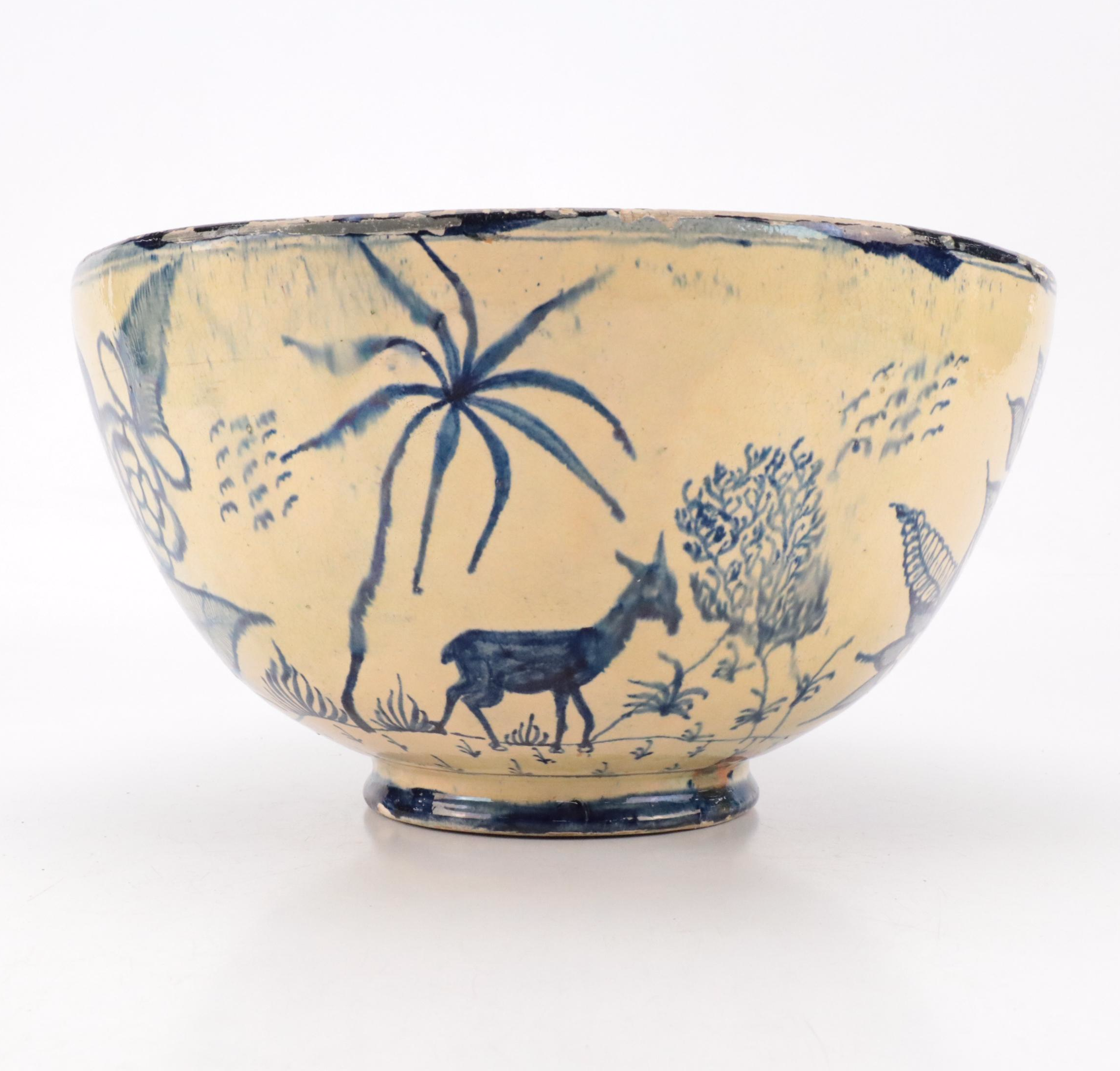 Persian Earthenware Yellow Ground and Blue Glazed Bowl