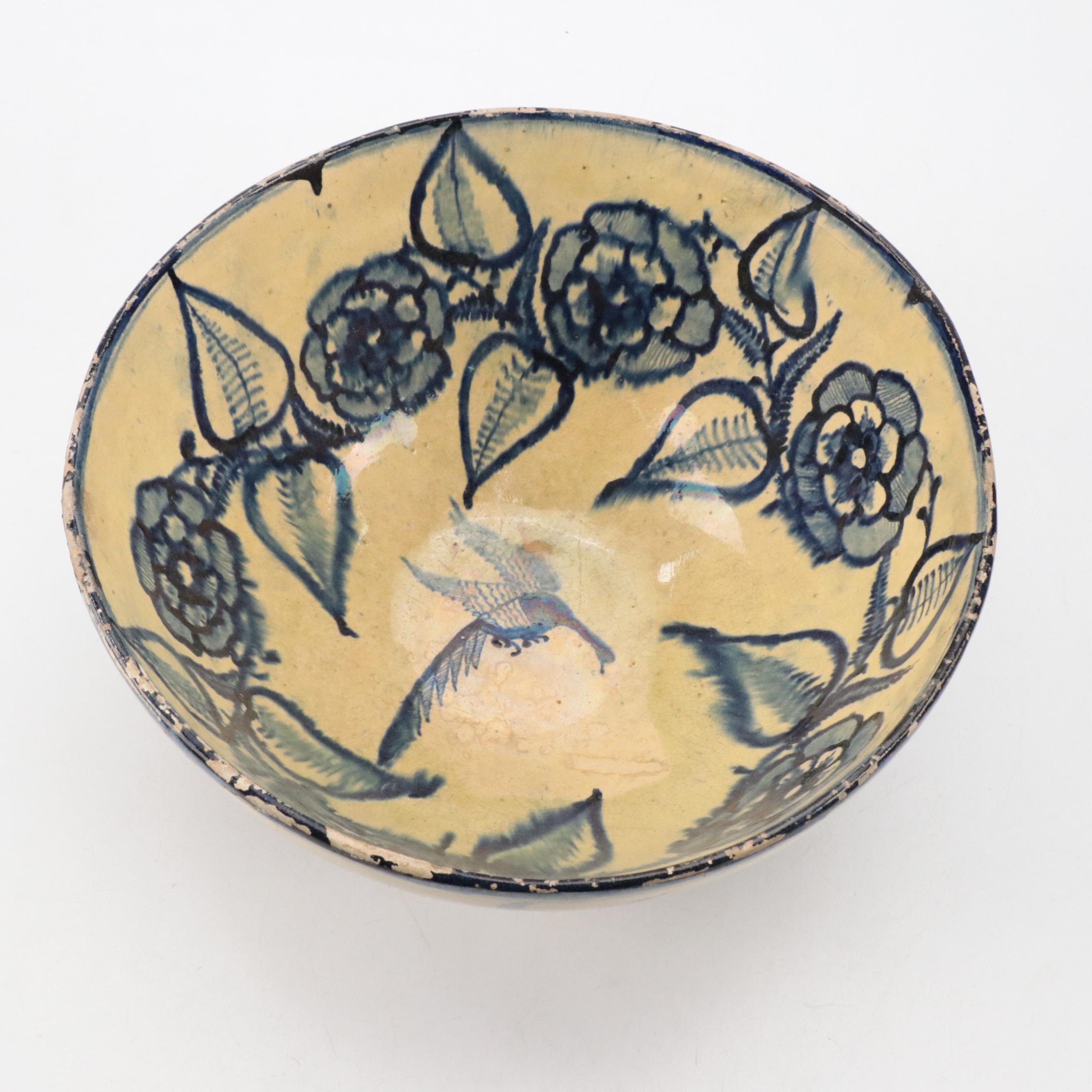 Persian Earthenware Yellow Ground and Blue Glazed Bowl