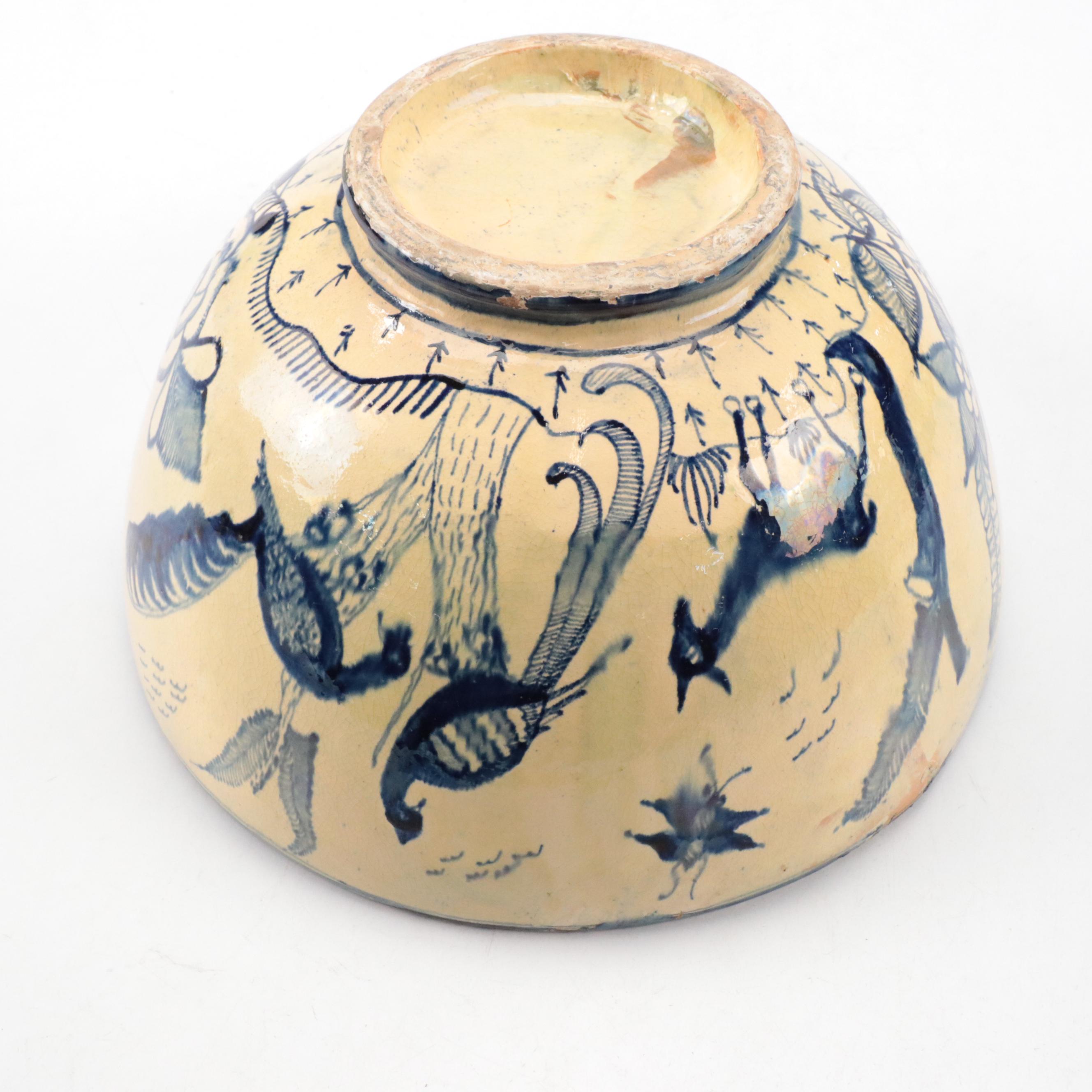 Persian Earthenware Yellow Ground and Blue Glazed Bowl