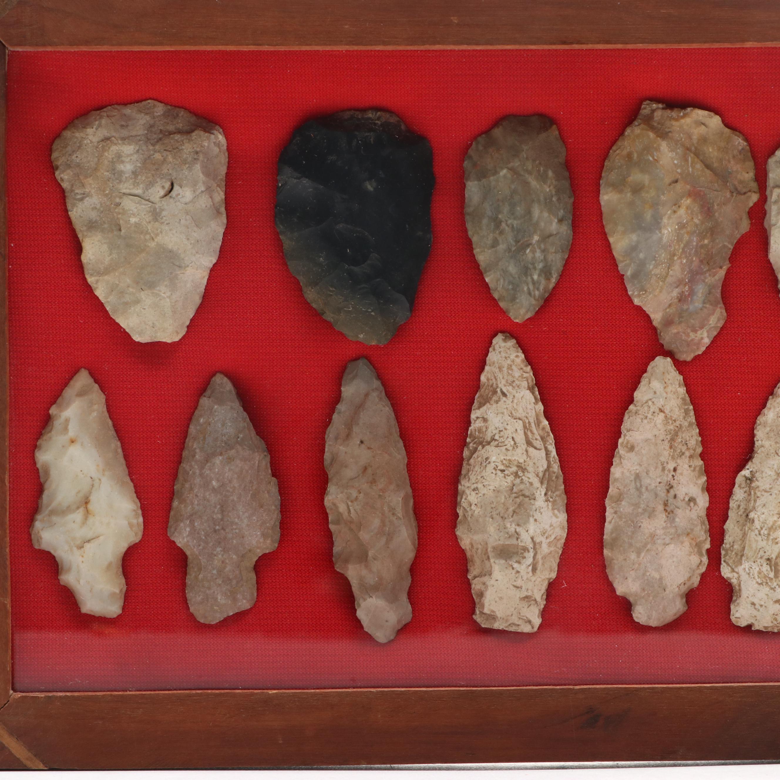 Knapped Stone Projectile Points and Arrowheads in Shadow Boxes