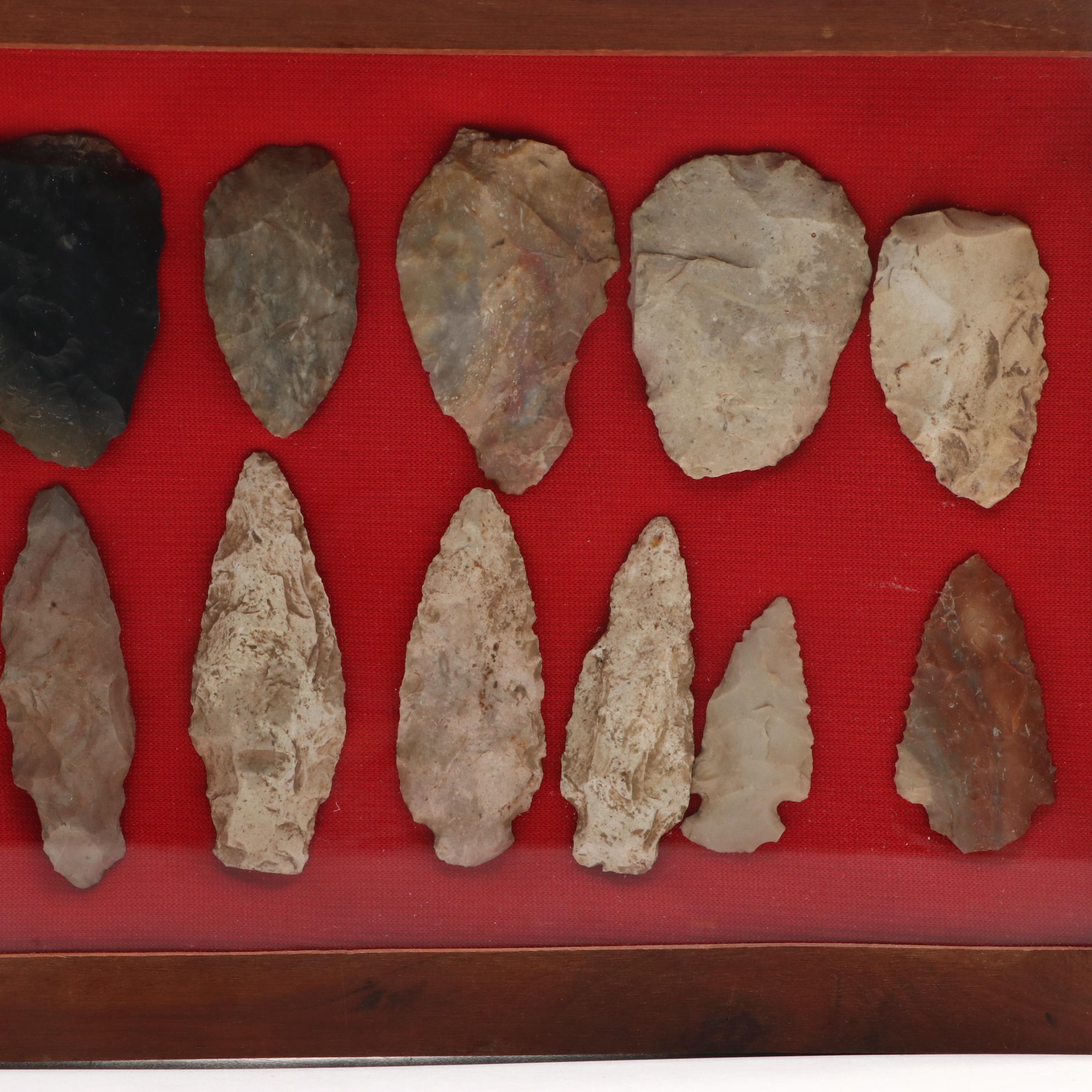 Knapped Stone Projectile Points and Arrowheads in Shadow Boxes
