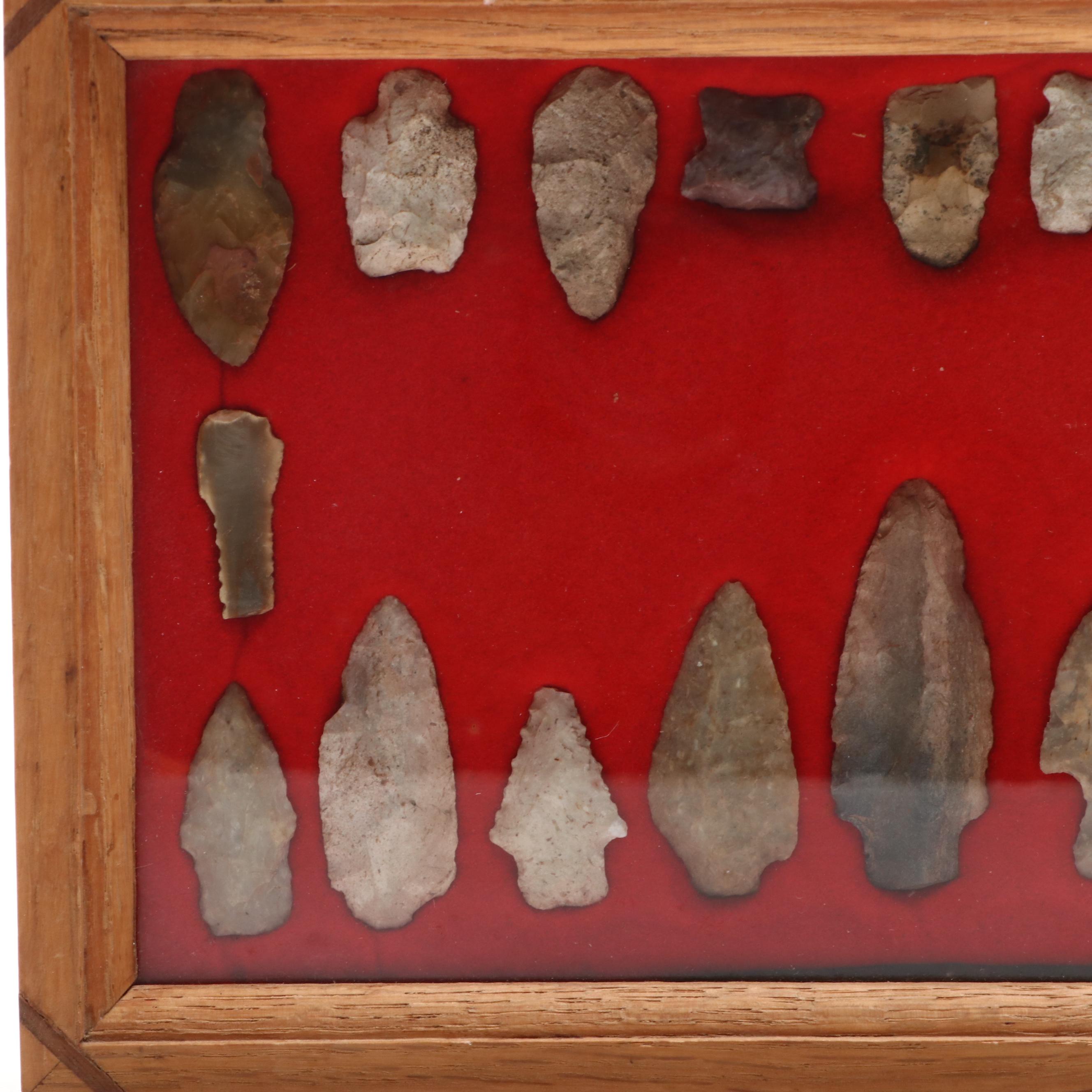 Knapped Stone Projectile Points and Arrowheads in Shadow Boxes