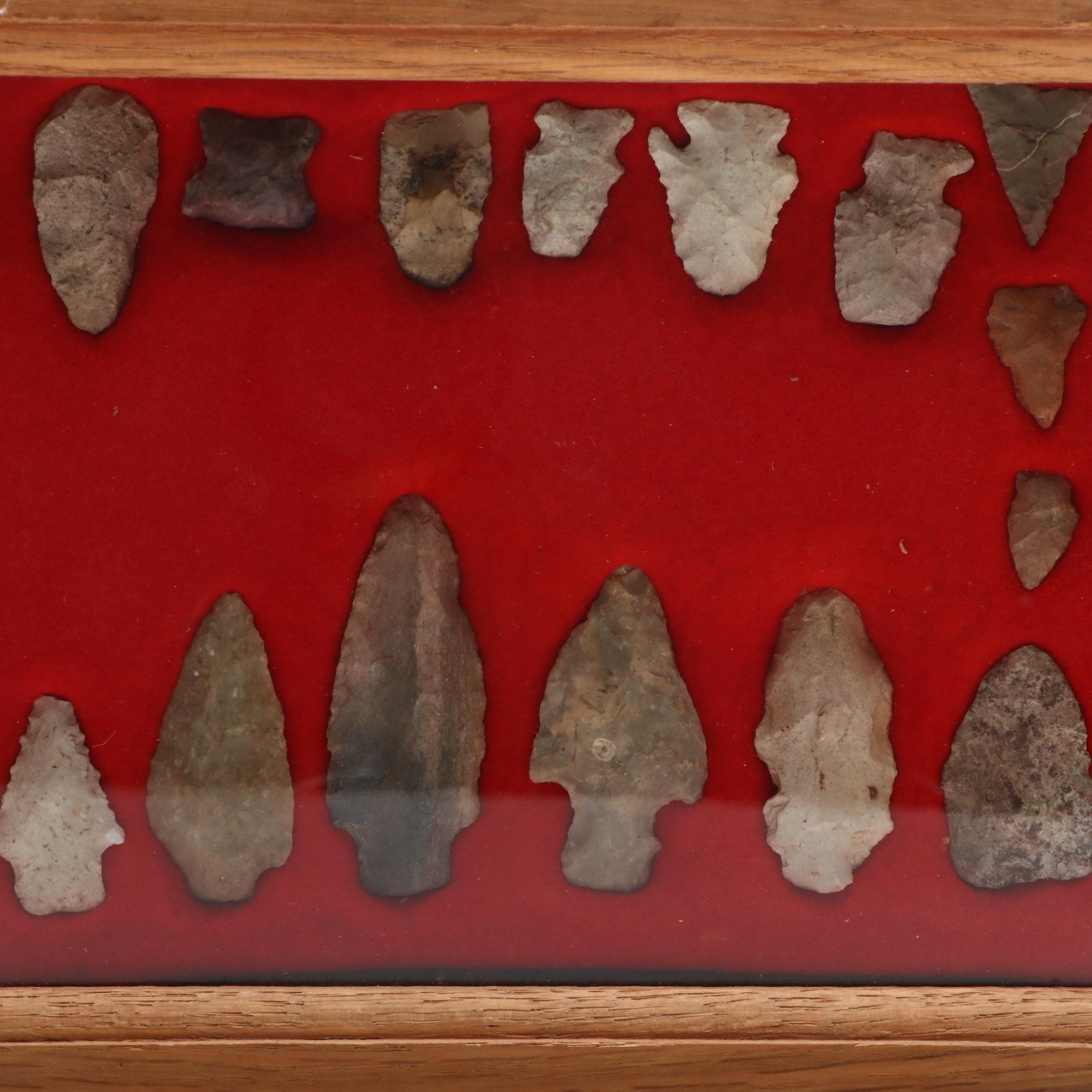 Knapped Stone Projectile Points and Arrowheads in Shadow Boxes