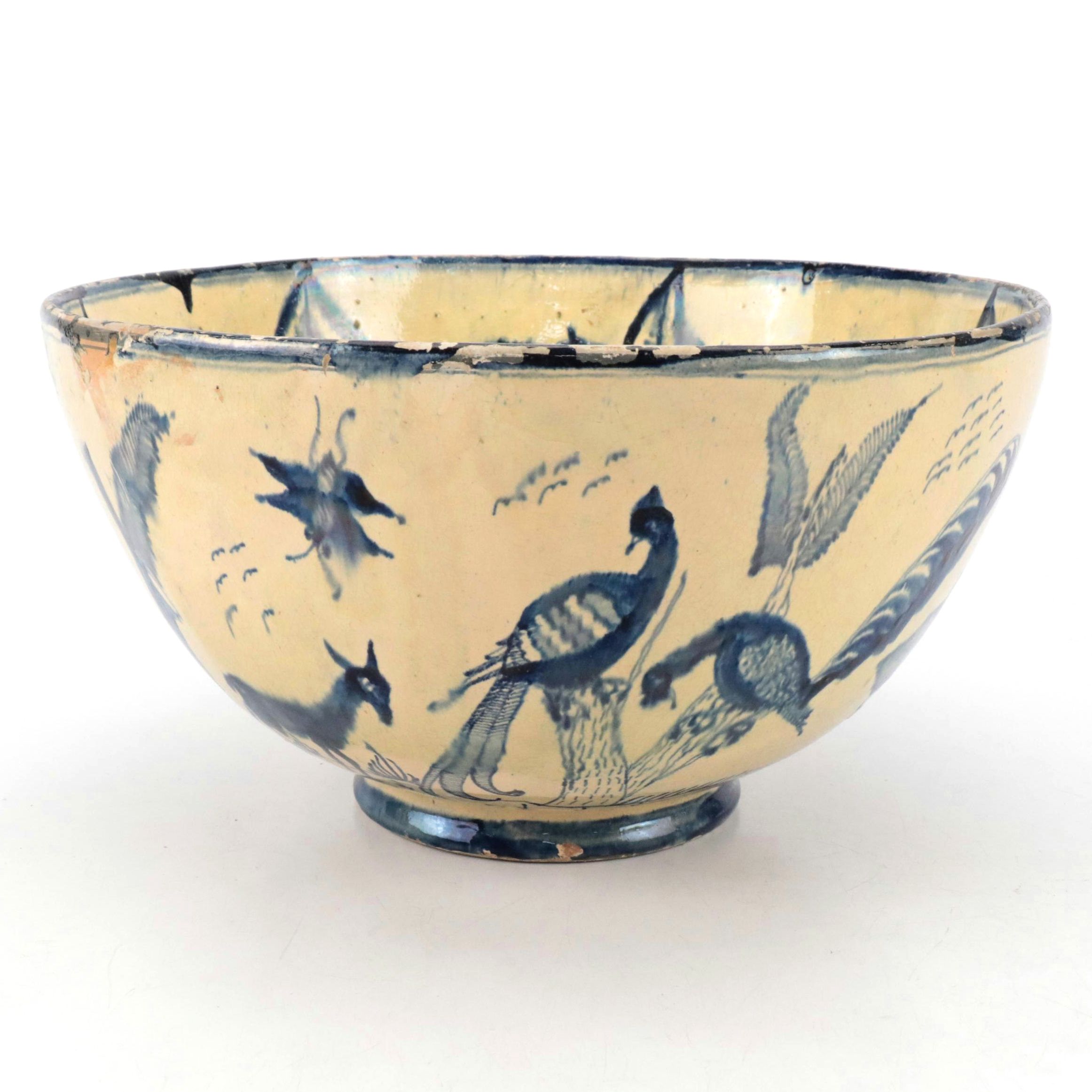 Persian Earthenware Yellow Ground and Blue Glazed Bowl