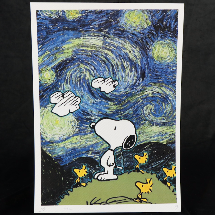 Death NYC Pop Art Graphic Print of Snoopy and Woodstock Starry Night