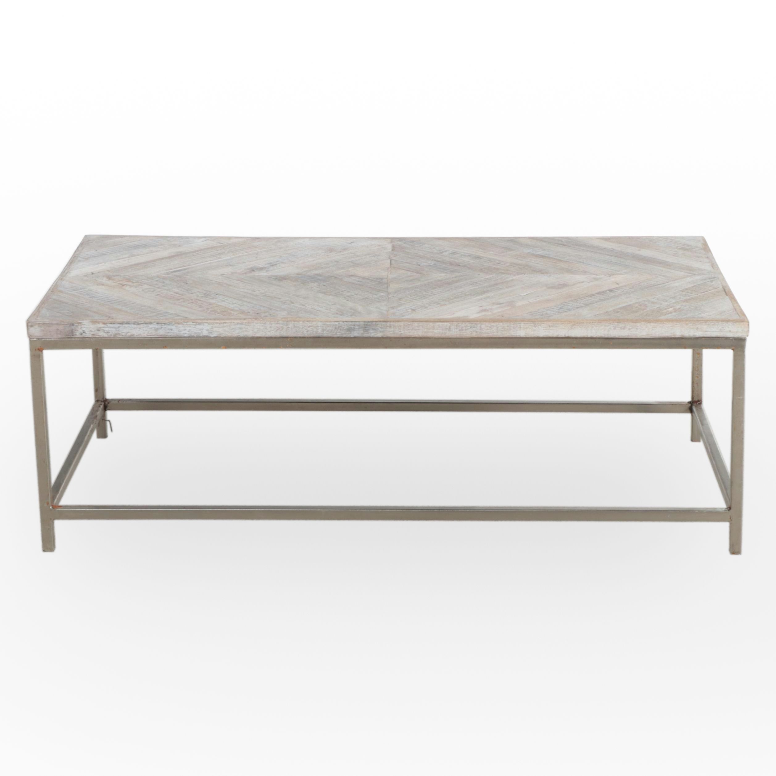 Contemporary White-Washed Wood and Metal Coffee Table
