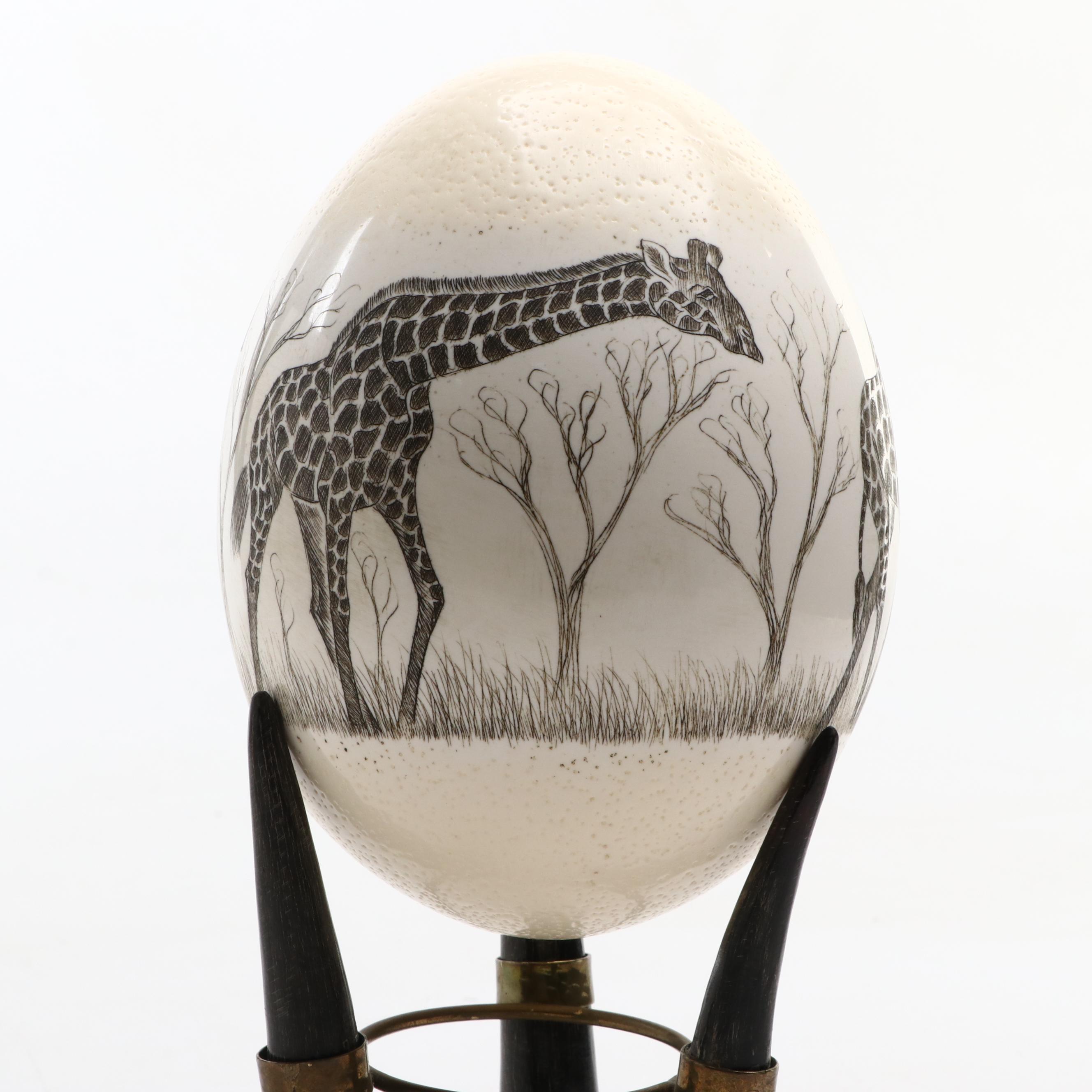African Etched Ostrich Egg with Horn Stand