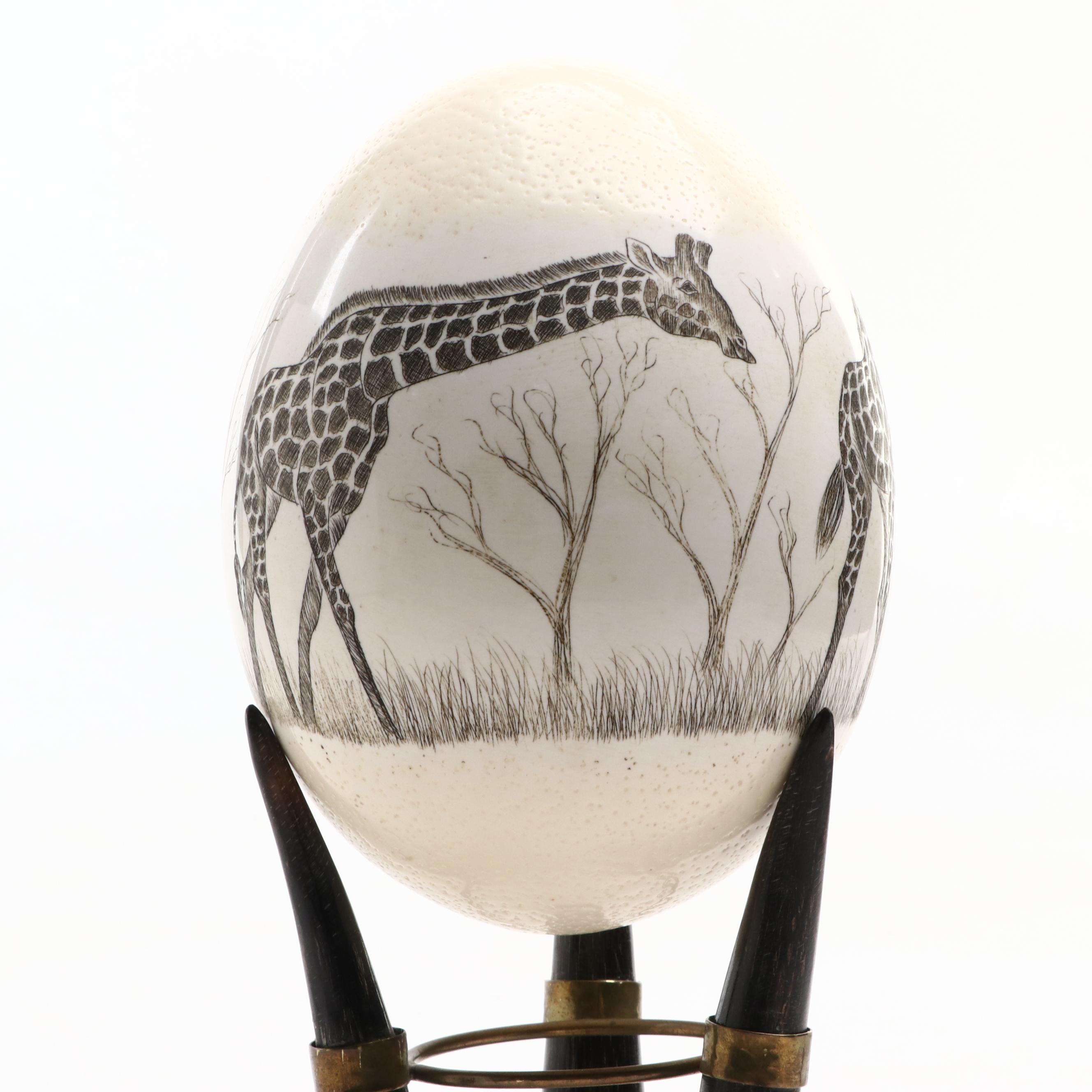 African Etched Ostrich Egg with Horn Stand
