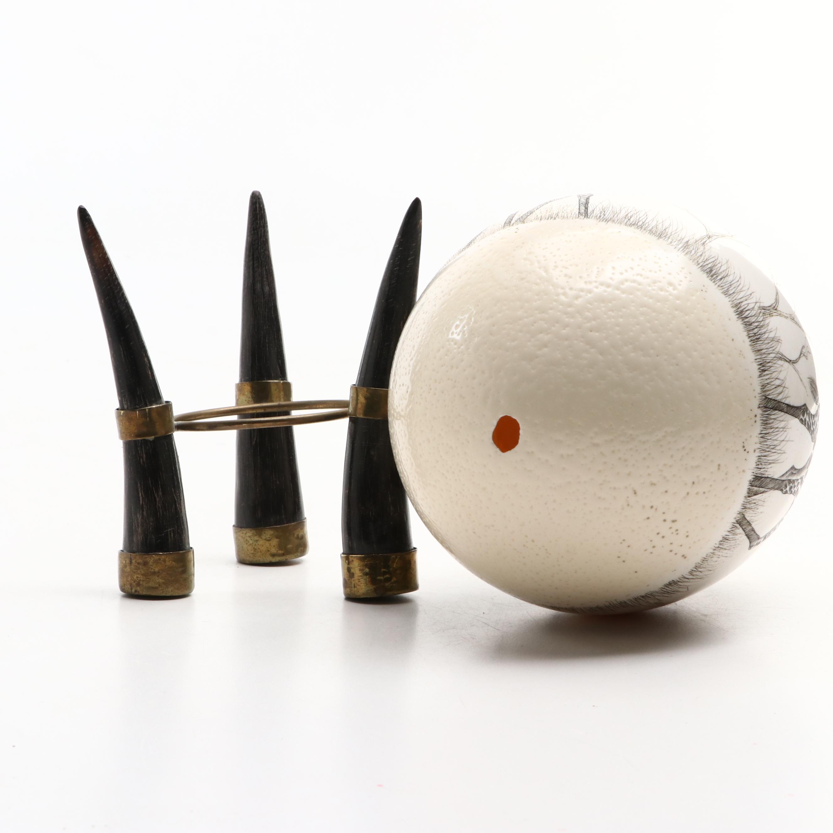 African Etched Ostrich Egg with Horn Stand