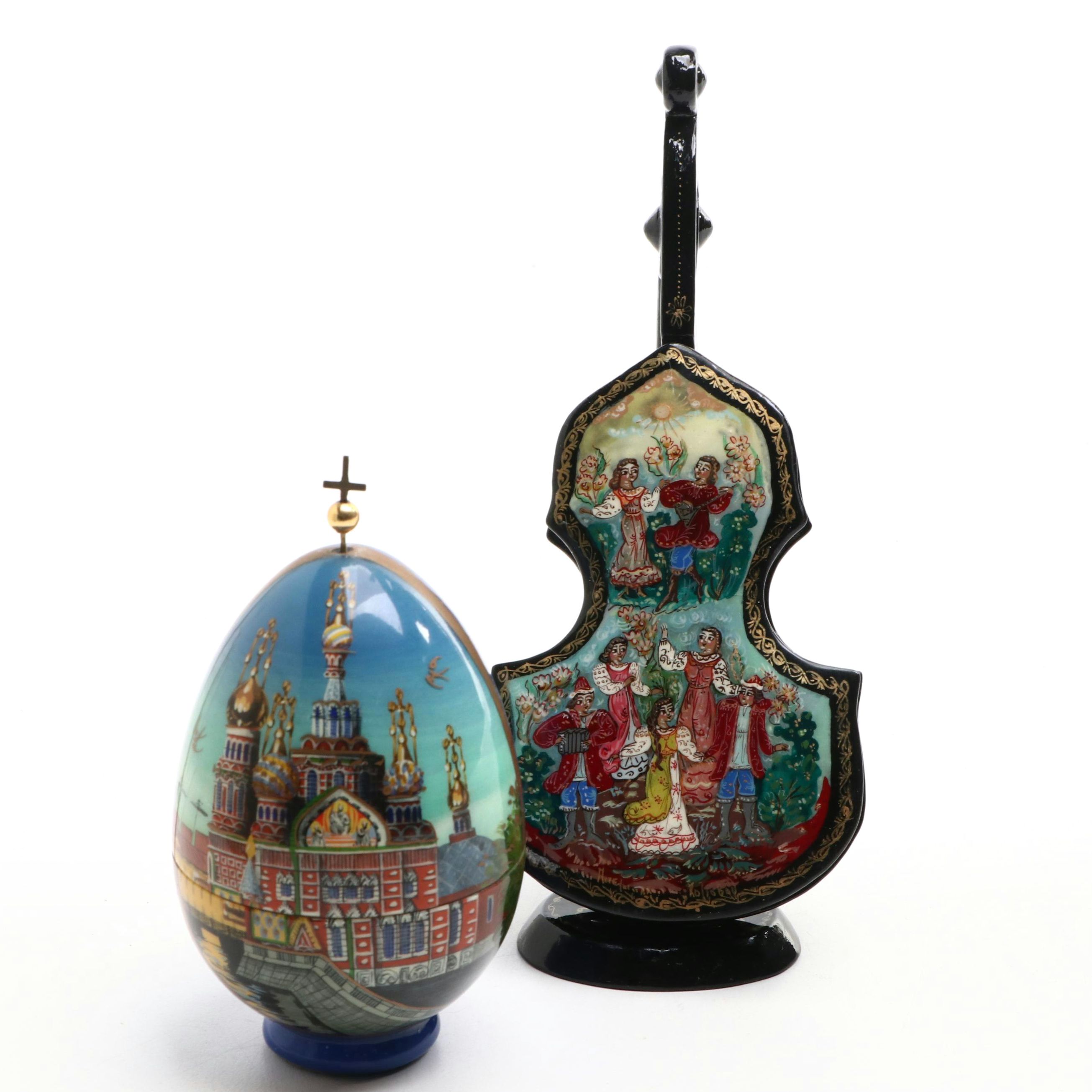 Russian Lacquered Egg Featuring Saint Petersburg and String Instrument Form Box
