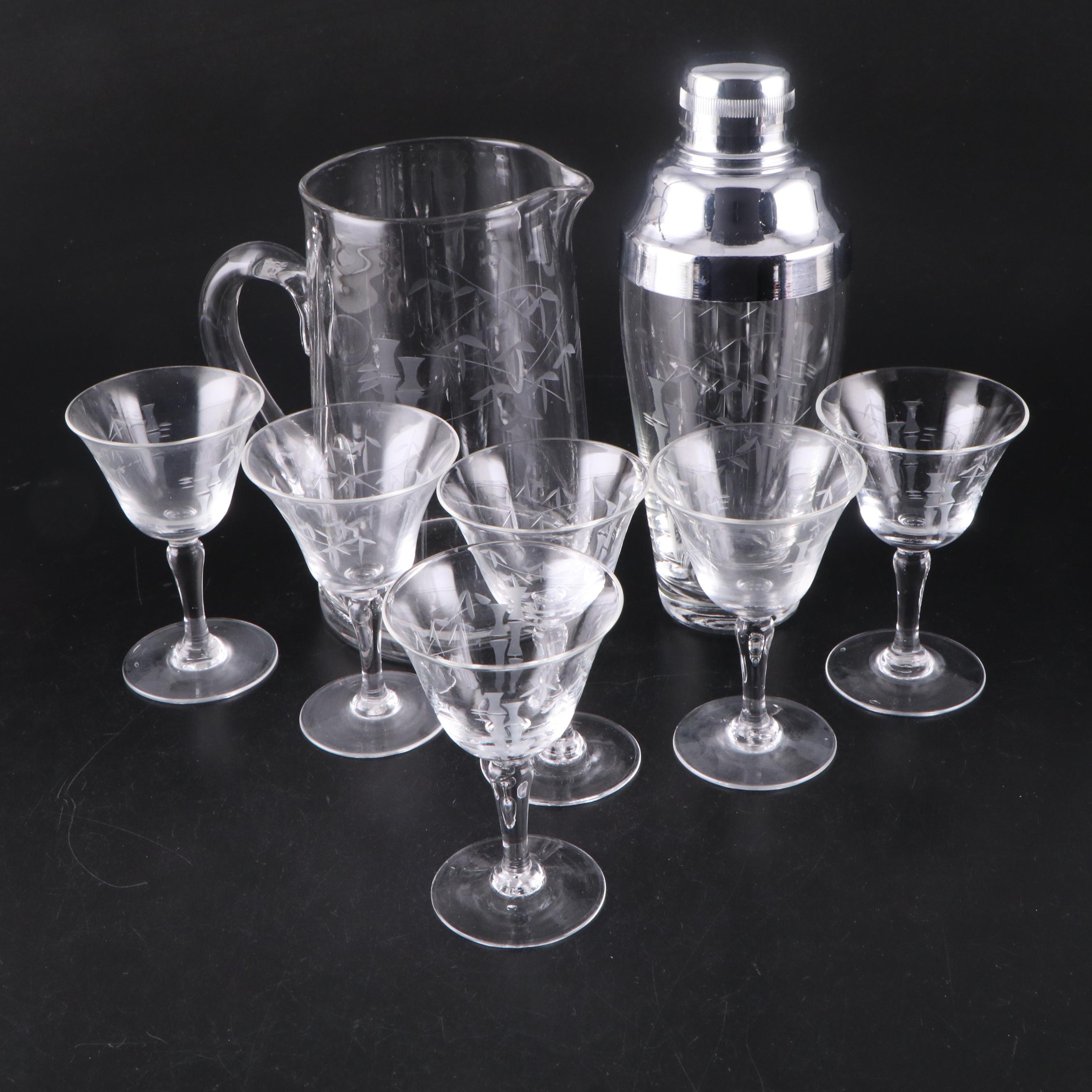 Art Deco Style Etched Glass Cocktail Glasses and Barware, Mid-20th Century