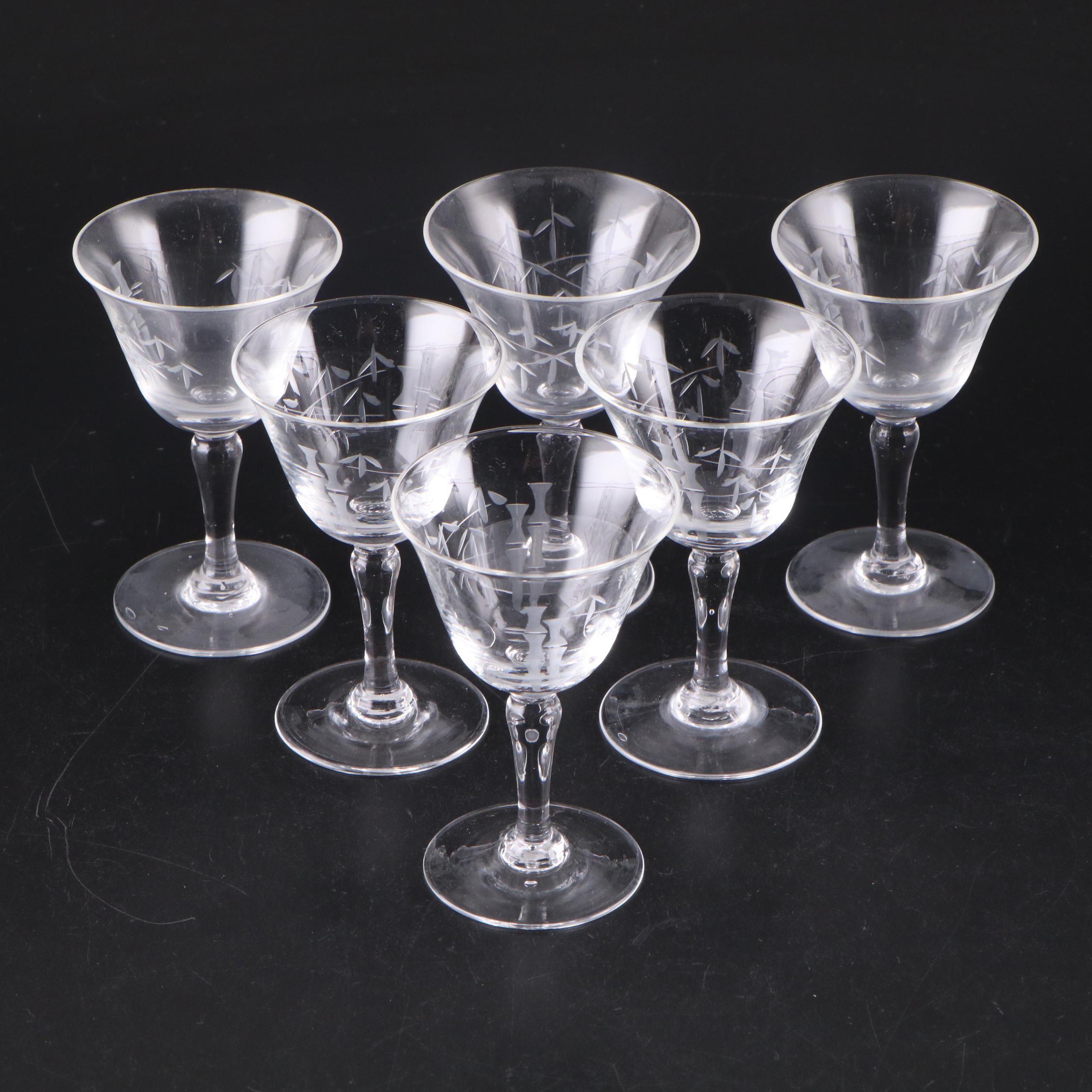 Art Deco Style Etched Glass Cocktail Glasses and Barware, Mid-20th Century