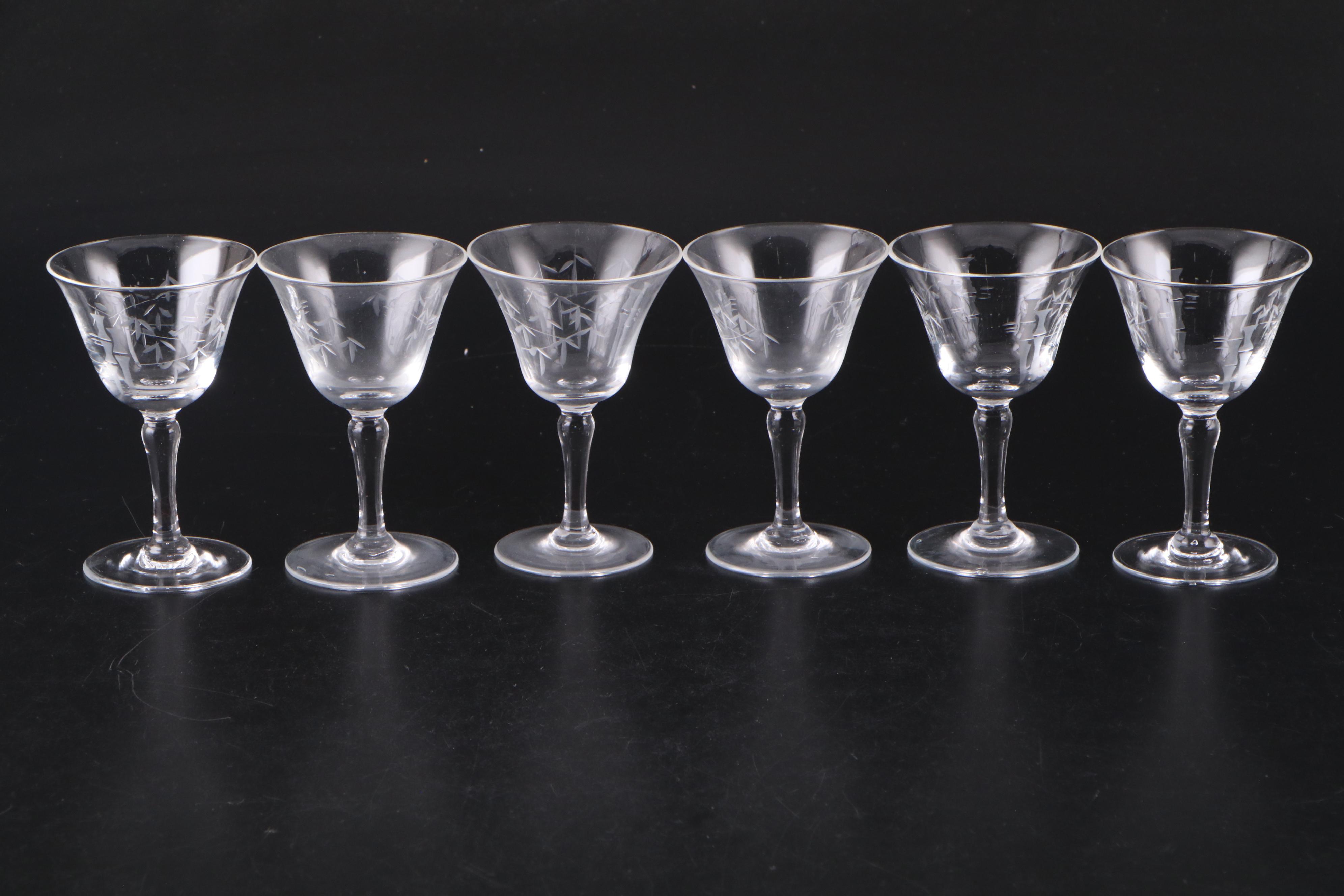 Art Deco Style Etched Glass Cocktail Glasses and Barware, Mid-20th Century