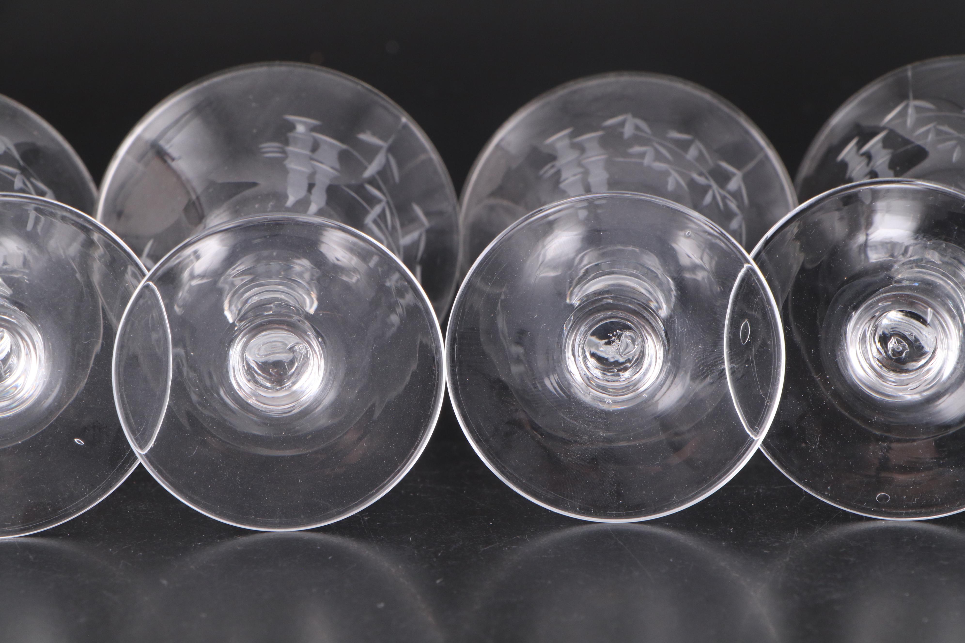 Art Deco Style Etched Glass Cocktail Glasses and Barware, Mid-20th Century