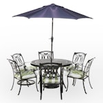 Seven-Piece Black Powder-Coated Aluminum Patio Dining Set with Umbrella & Stand