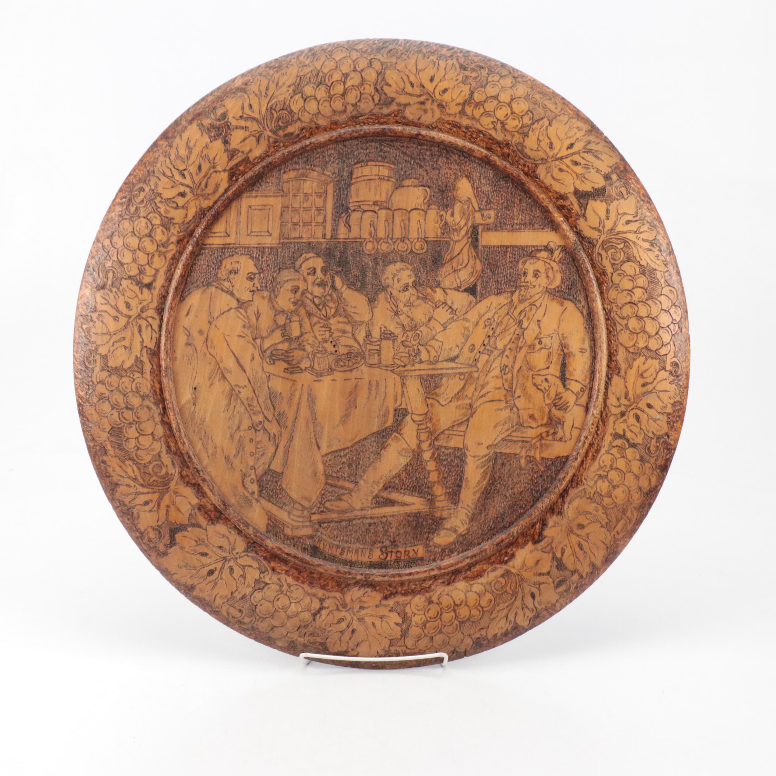 Tavern Motif Pyrography Wood Wall Plaque "Huntsman's Story", Early 20th Century
