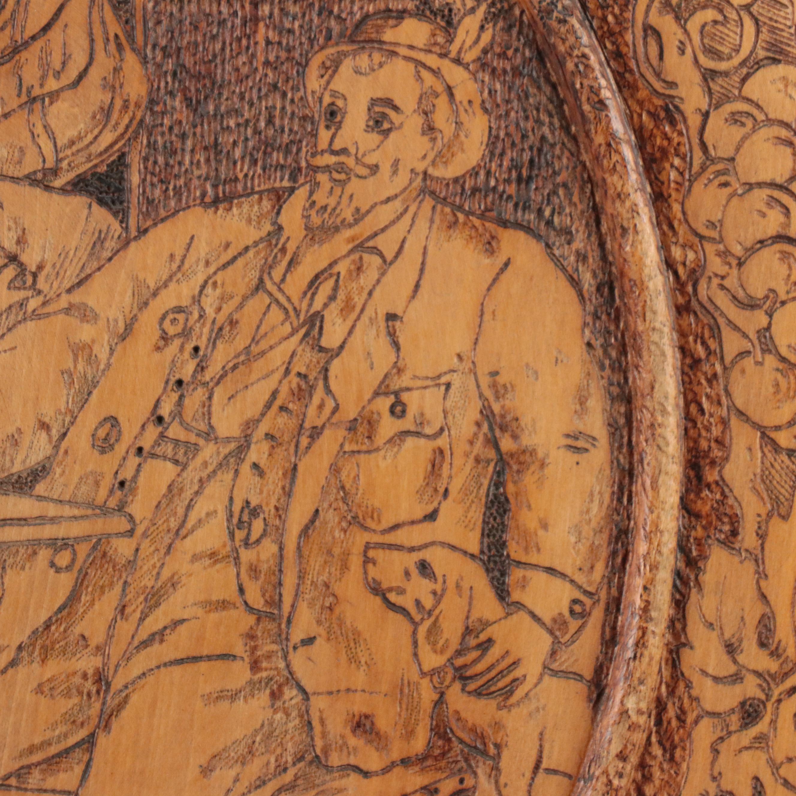 Tavern Motif Pyrography Wood Wall Plaque "Huntsman's Story", Early 20th Century