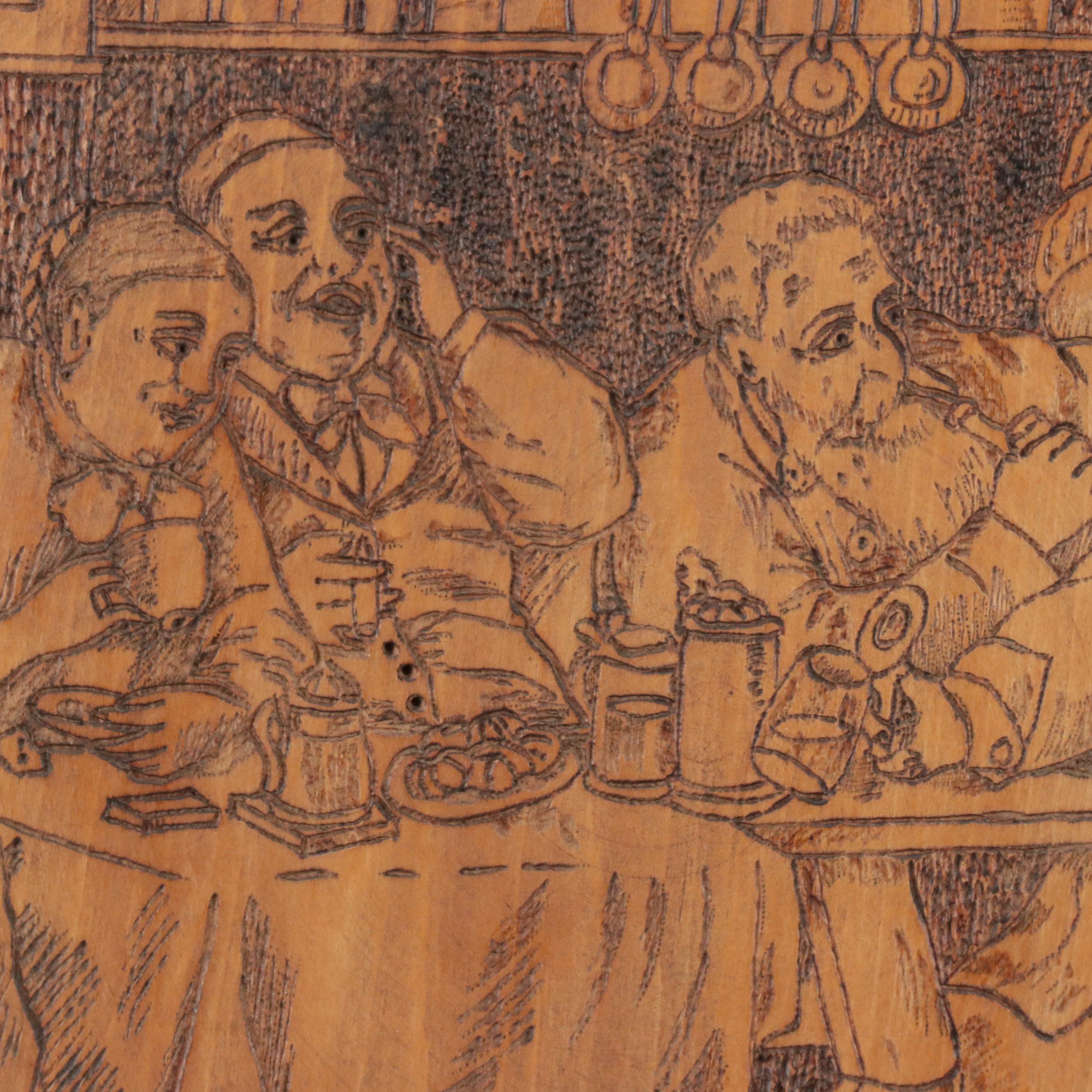 Tavern Motif Pyrography Wood Wall Plaque "Huntsman's Story", Early 20th Century