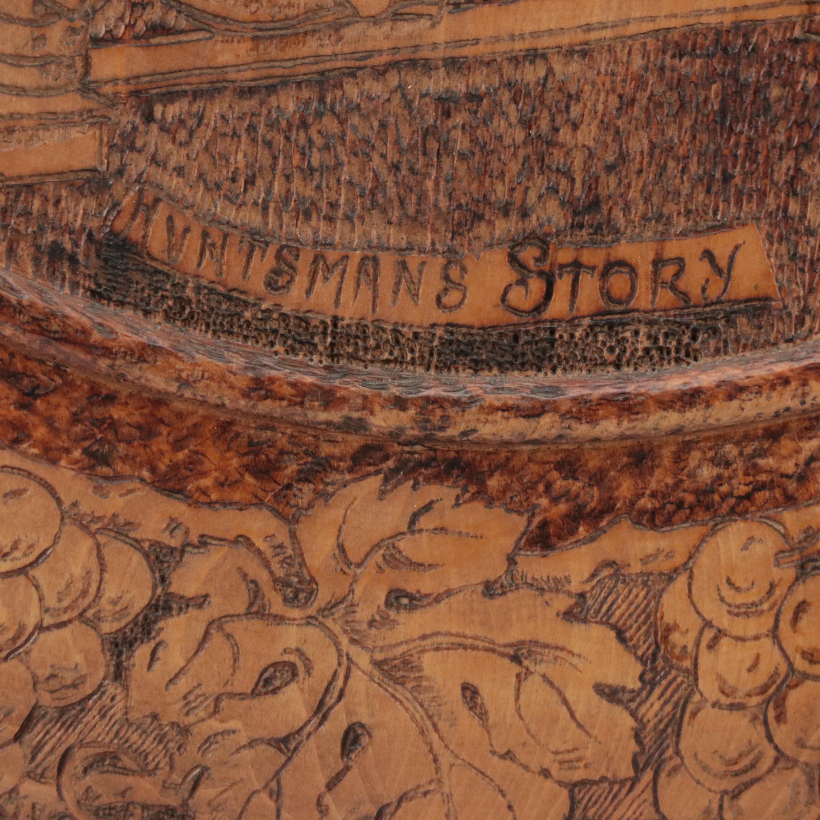Tavern Motif Pyrography Wood Wall Plaque "Huntsman's Story", Early 20th Century