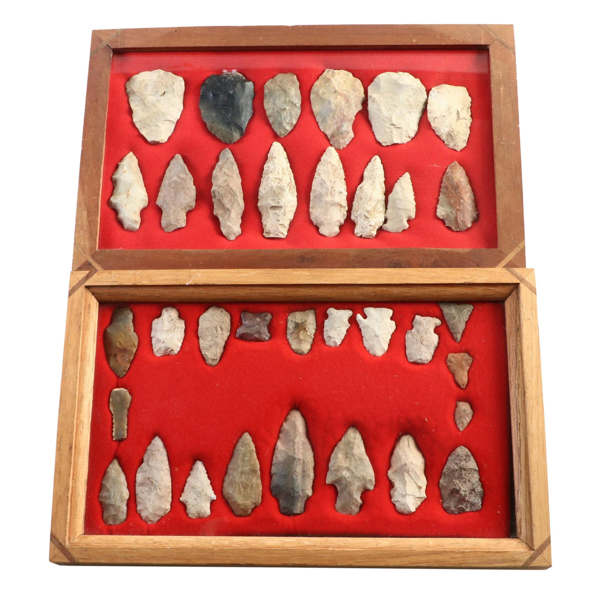 Knapped Stone Projectile Points and Arrowheads in Shadow Boxes