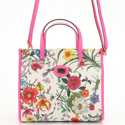 Gucci Tote in Floral Print Canvas and Fuchsia