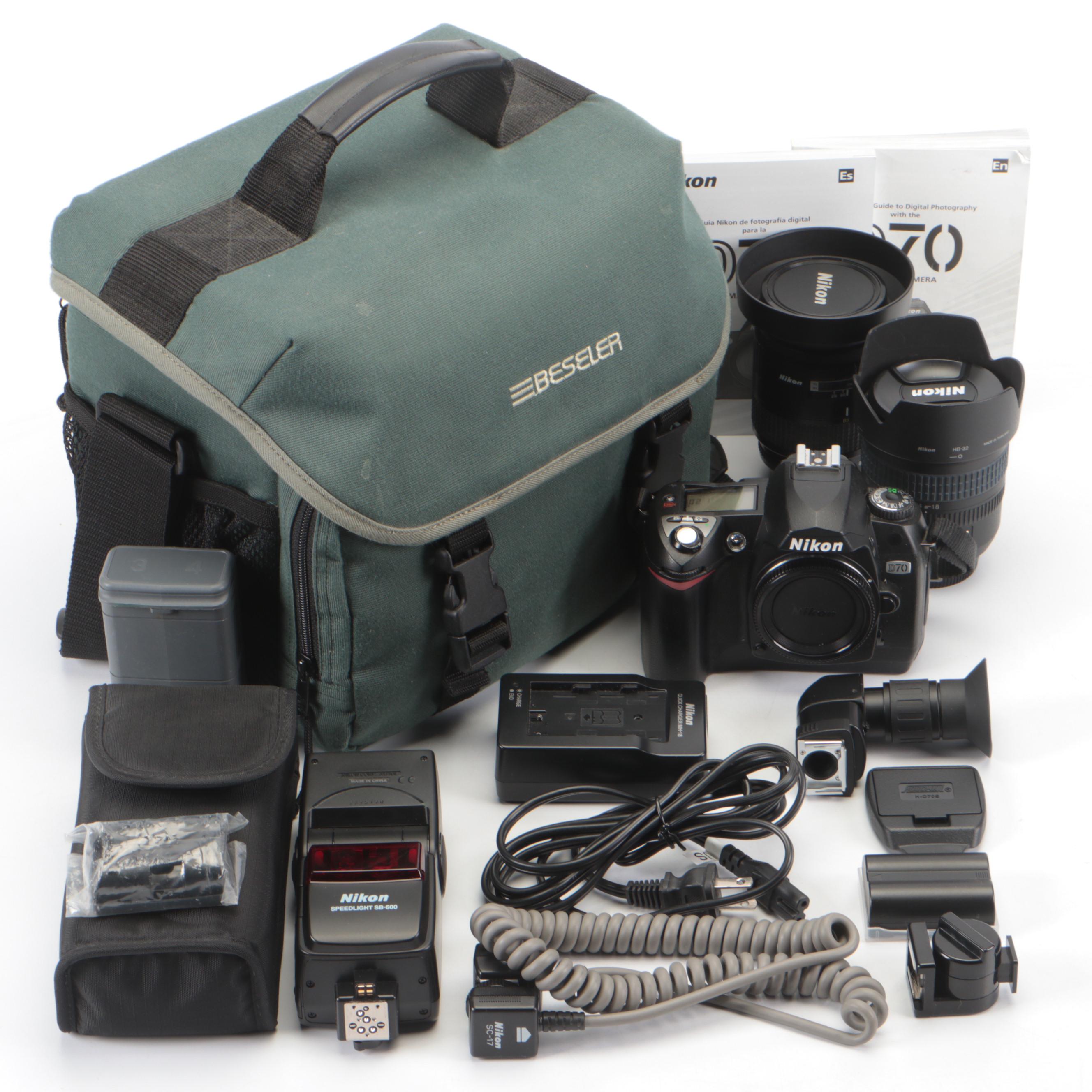 Nikon D70 Digital Camera With Speedlight, Lenses, Case and More Accessories