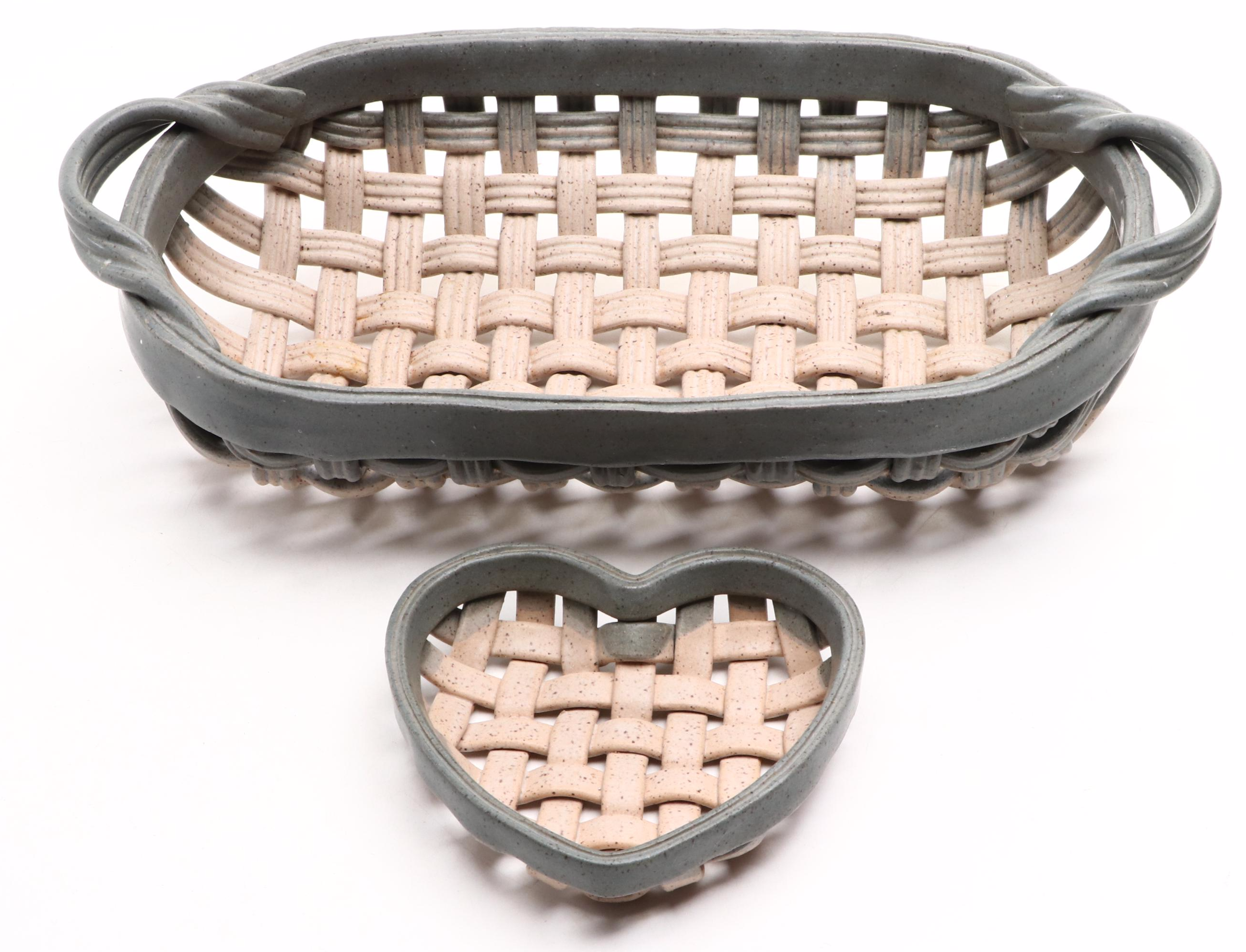Artist Marked Woven Ceramic Art Pottery Baskets with Wheel Thrown Chip and Dip