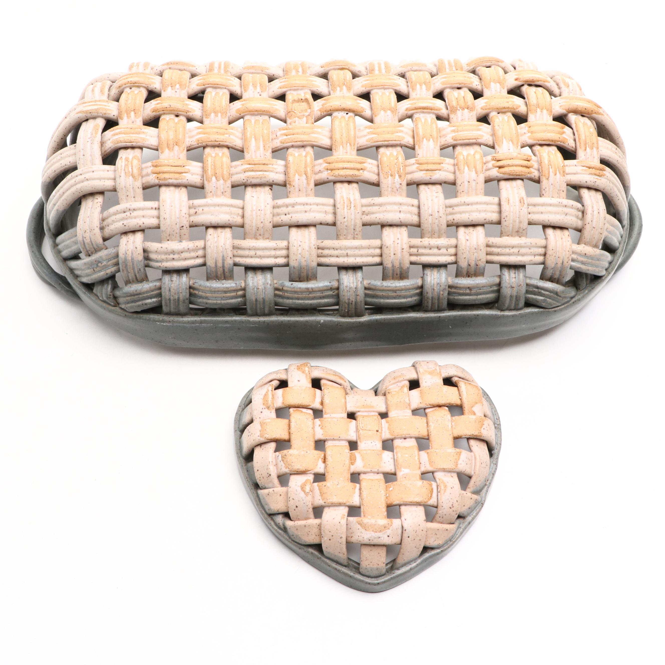 Artist Marked Woven Ceramic Art Pottery Baskets with Wheel Thrown Chip and Dip
