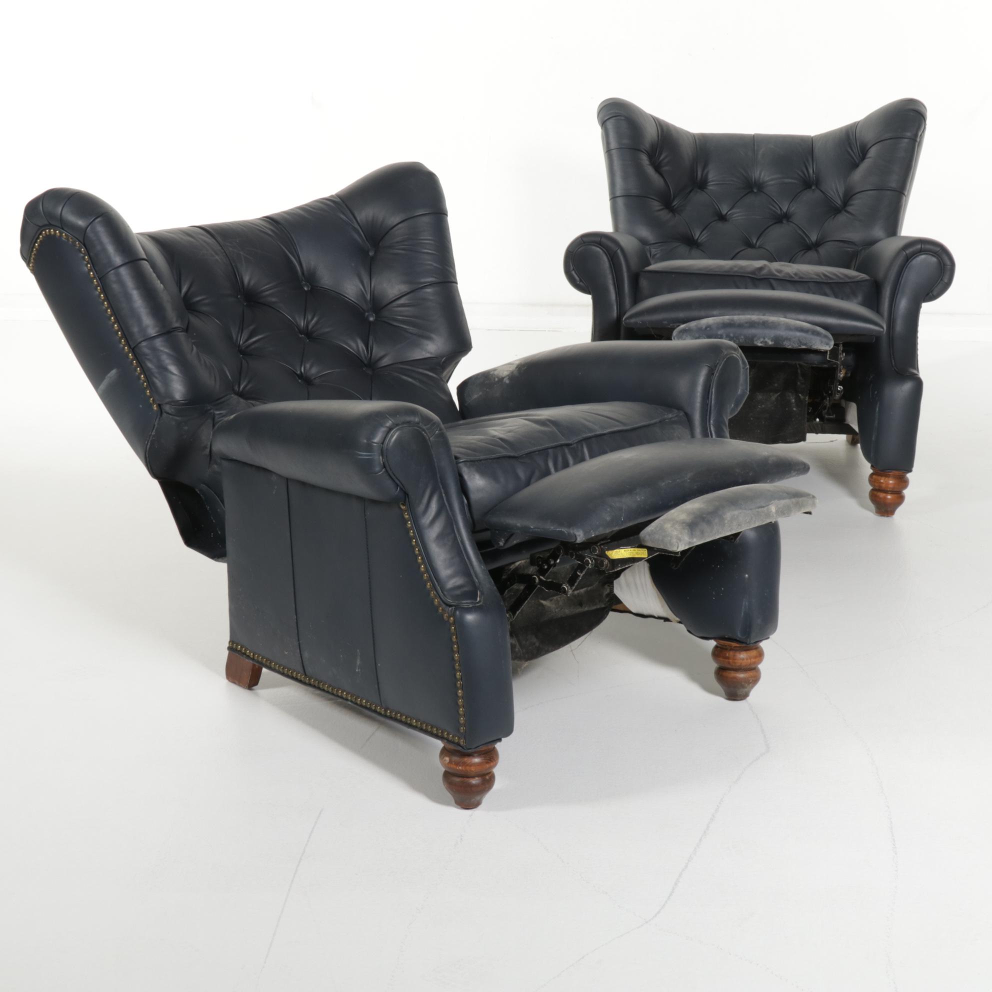 Pair of Button-Tufted and Brass-Tacked Faux Leather Recliners