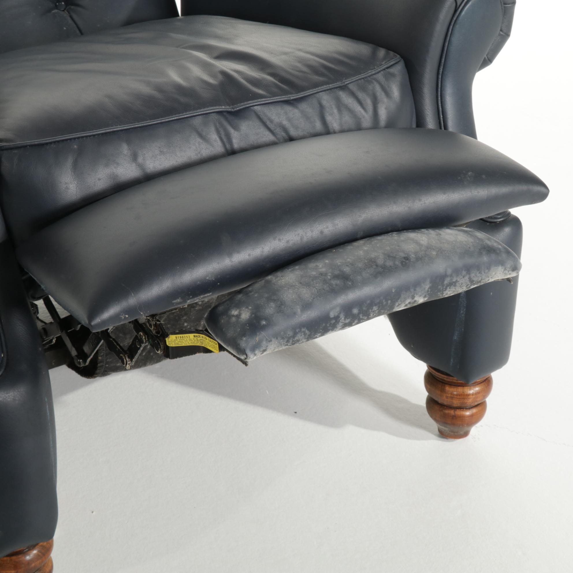 Pair of Button-Tufted and Brass-Tacked Faux Leather Recliners