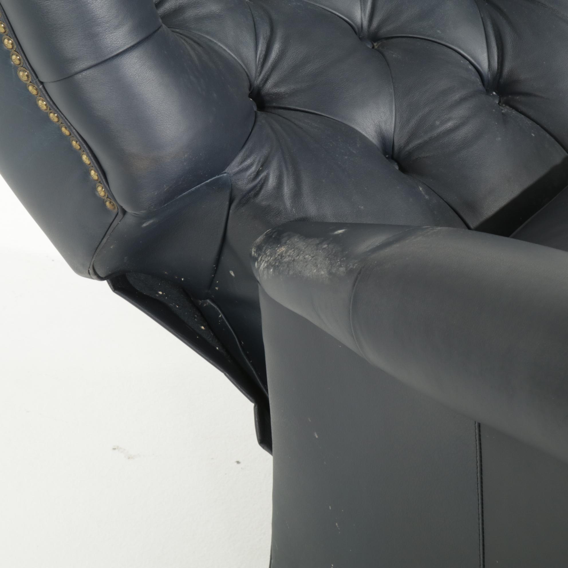 Pair of Button-Tufted and Brass-Tacked Faux Leather Recliners