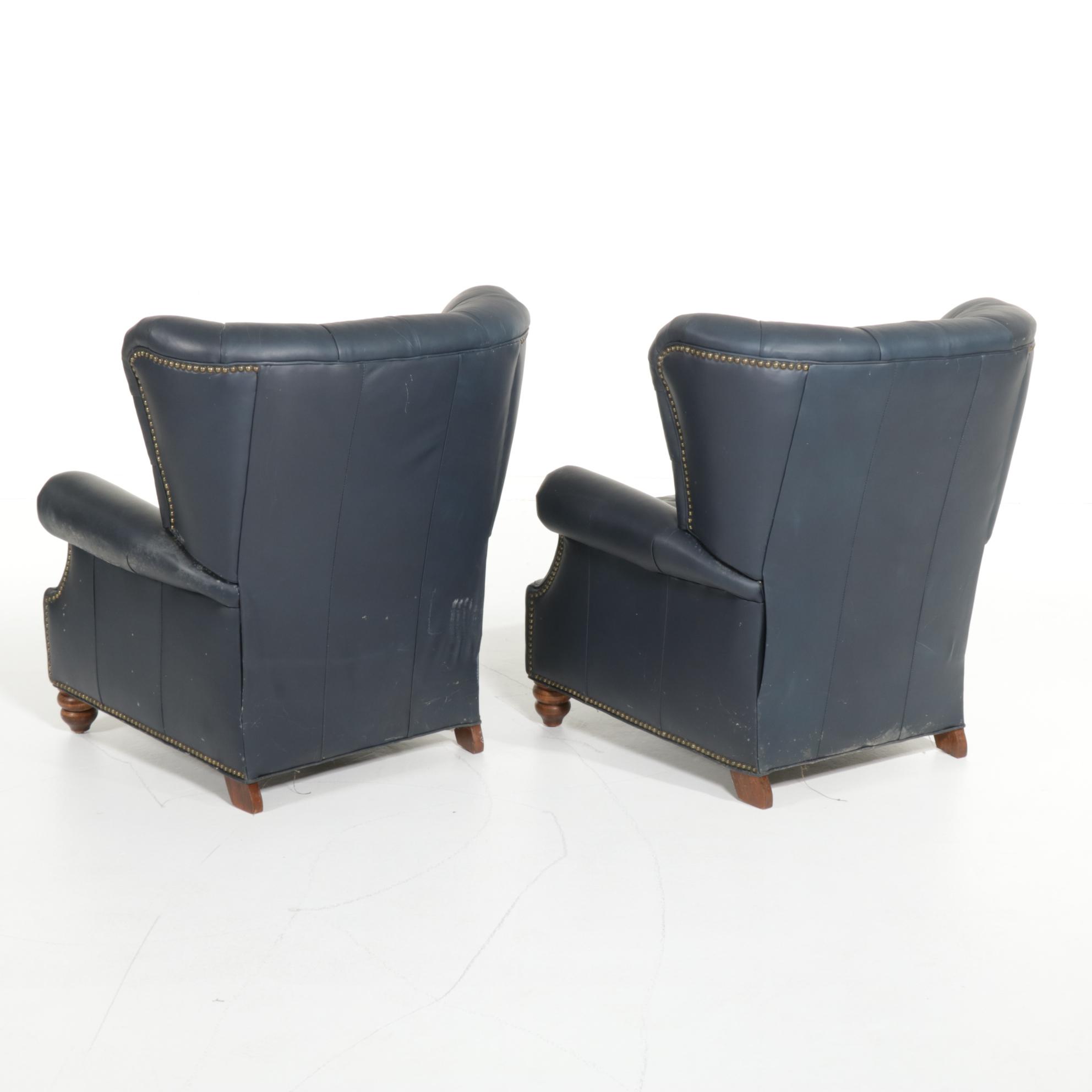 Pair of Button-Tufted and Brass-Tacked Faux Leather Recliners