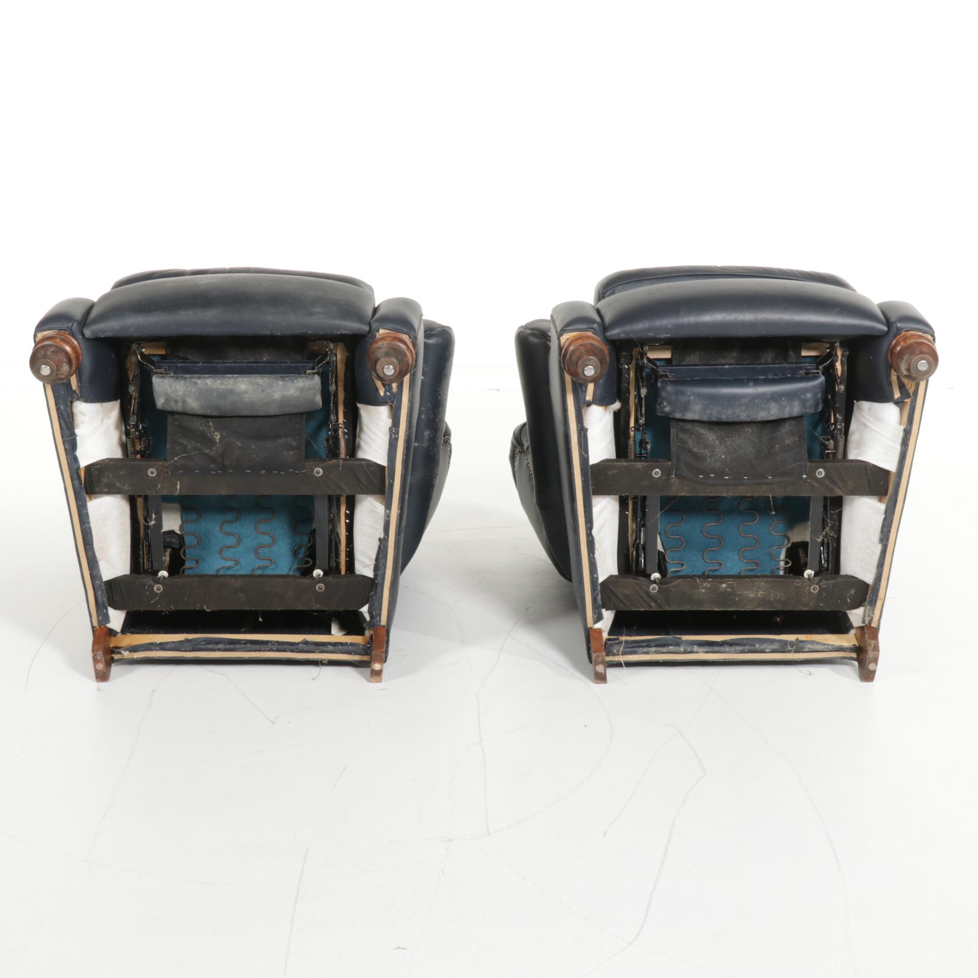 Pair of Button-Tufted and Brass-Tacked Faux Leather Recliners