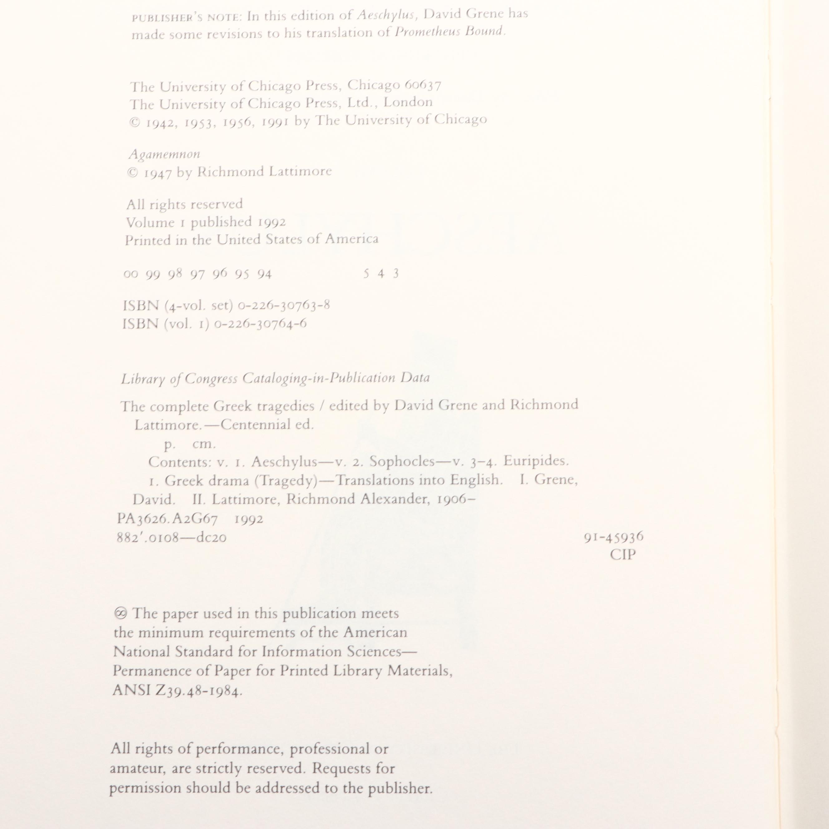 Centennial Edition "The Complete Greek Tragedies" Four-Volume Box Set, 1994