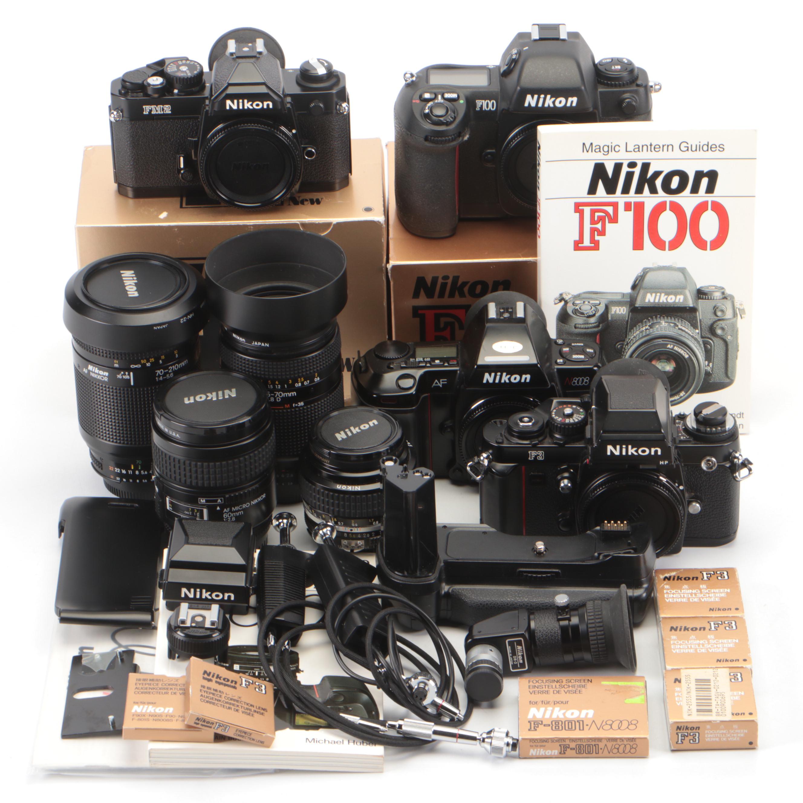 Nikon F100, AF N8008, FM2, F3 Cameras With Lenses, Lens Hood, Manuals